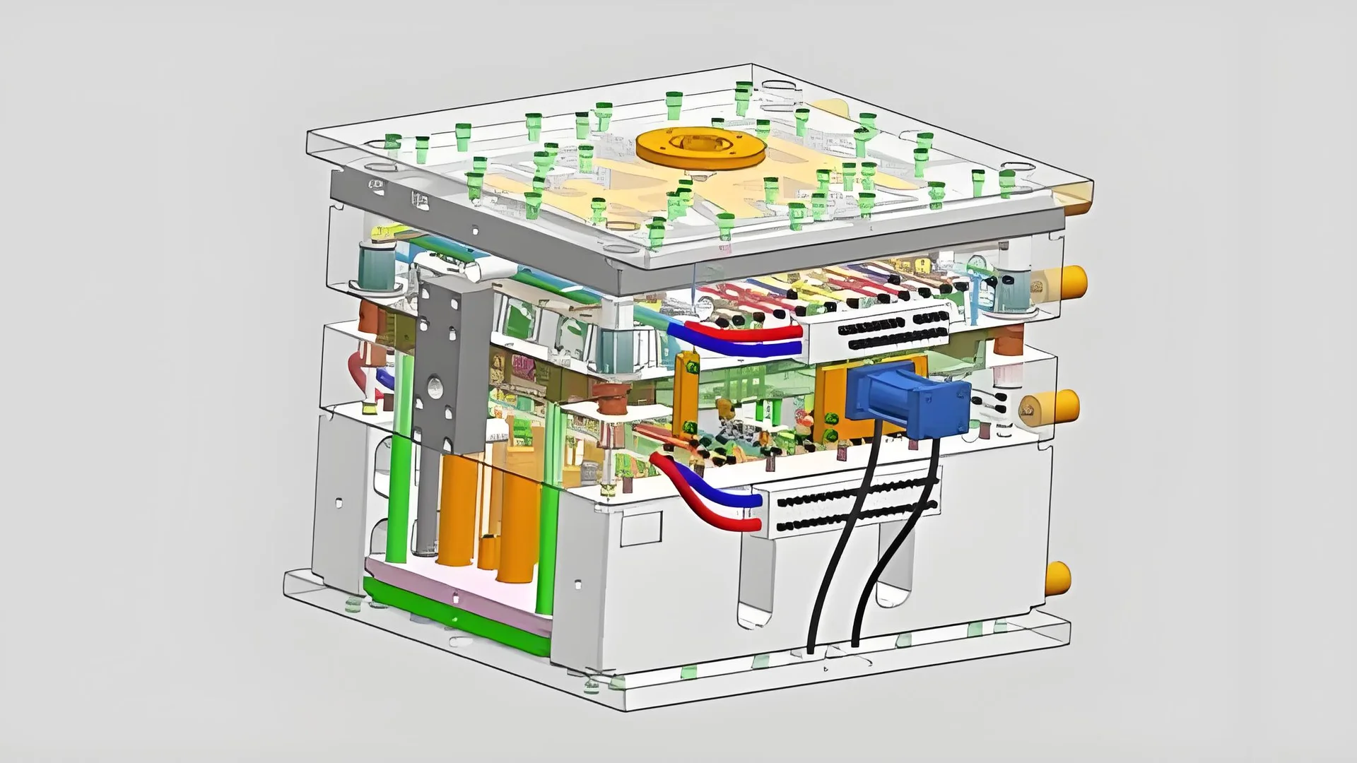 Close-up of a steel injection mold with cooling channels and a plastic part being formed