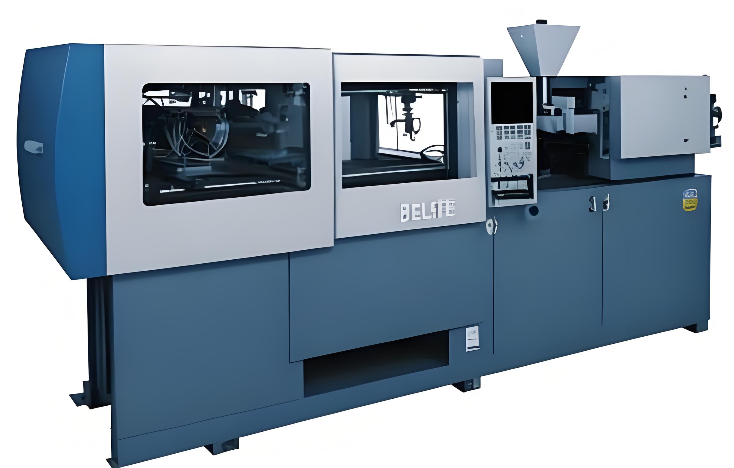 Injection molding machine in operation with detailed focus on pressure control components.