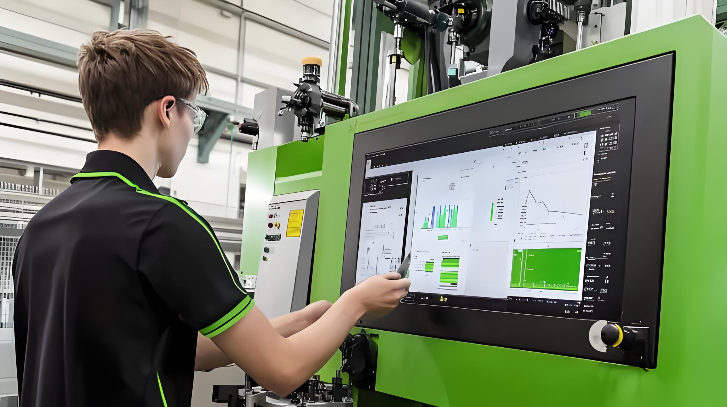 Technician performing maintenance on an injection molding machine