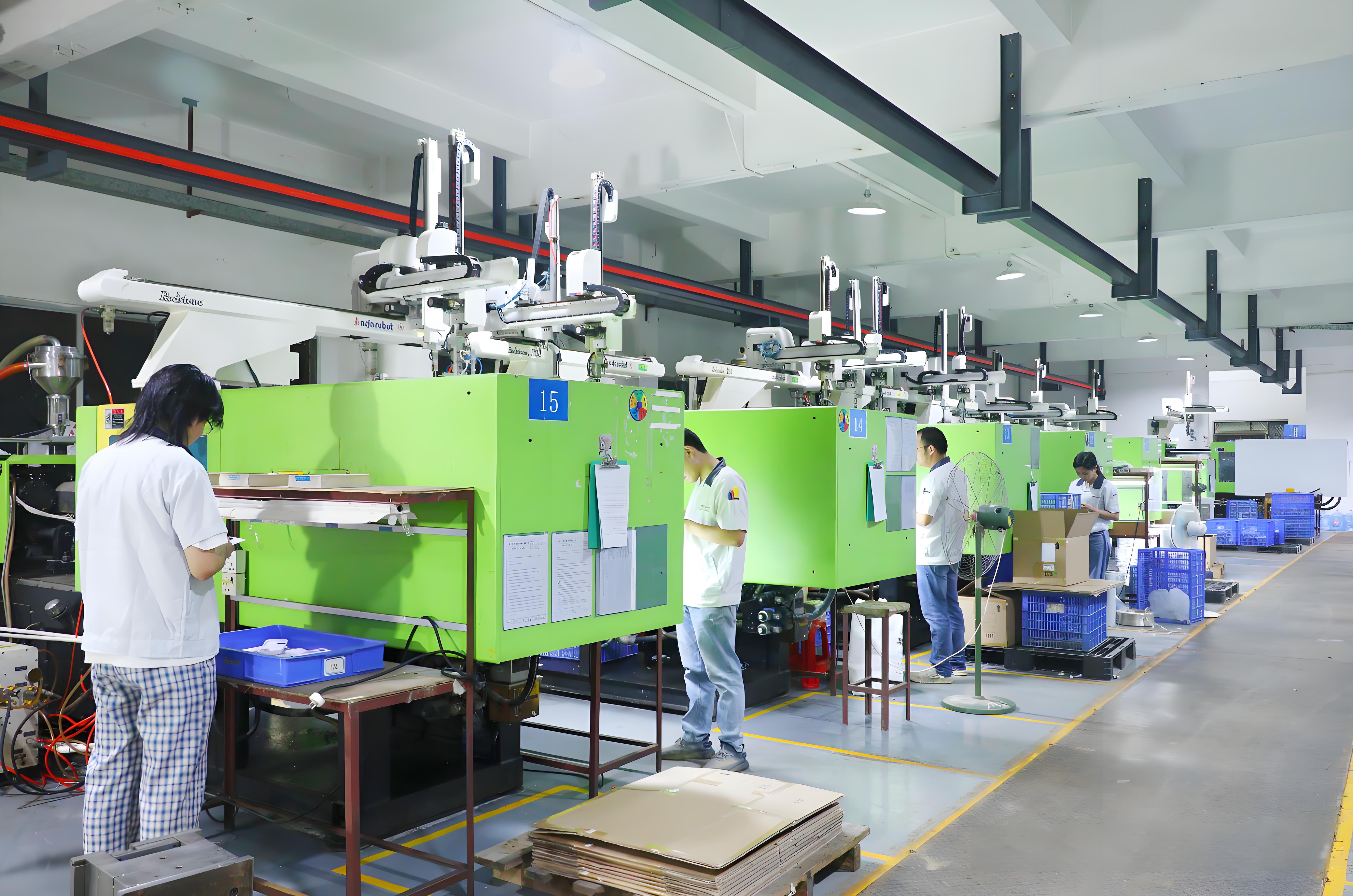 Precision injection molding machine with detailed view of mold and plastic flow