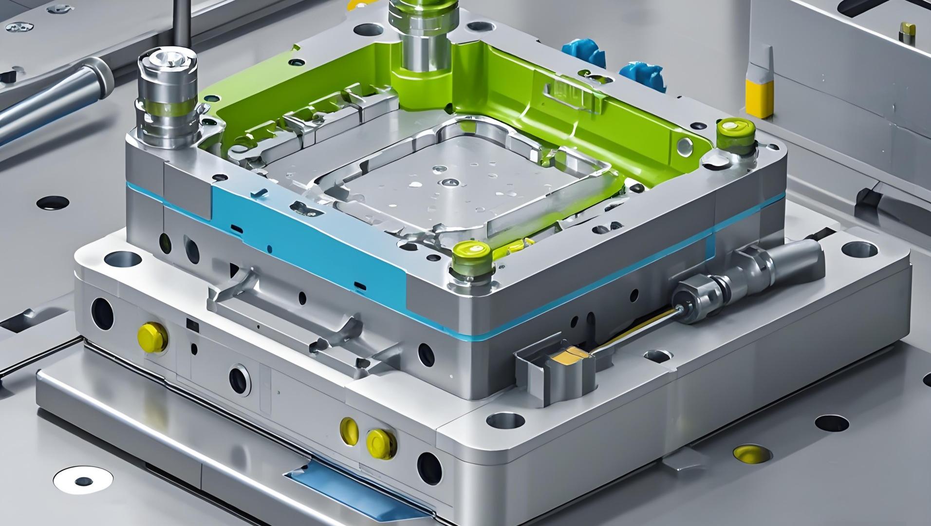 A detailed view of a PEEK molding setup with mold design elements highlighted.