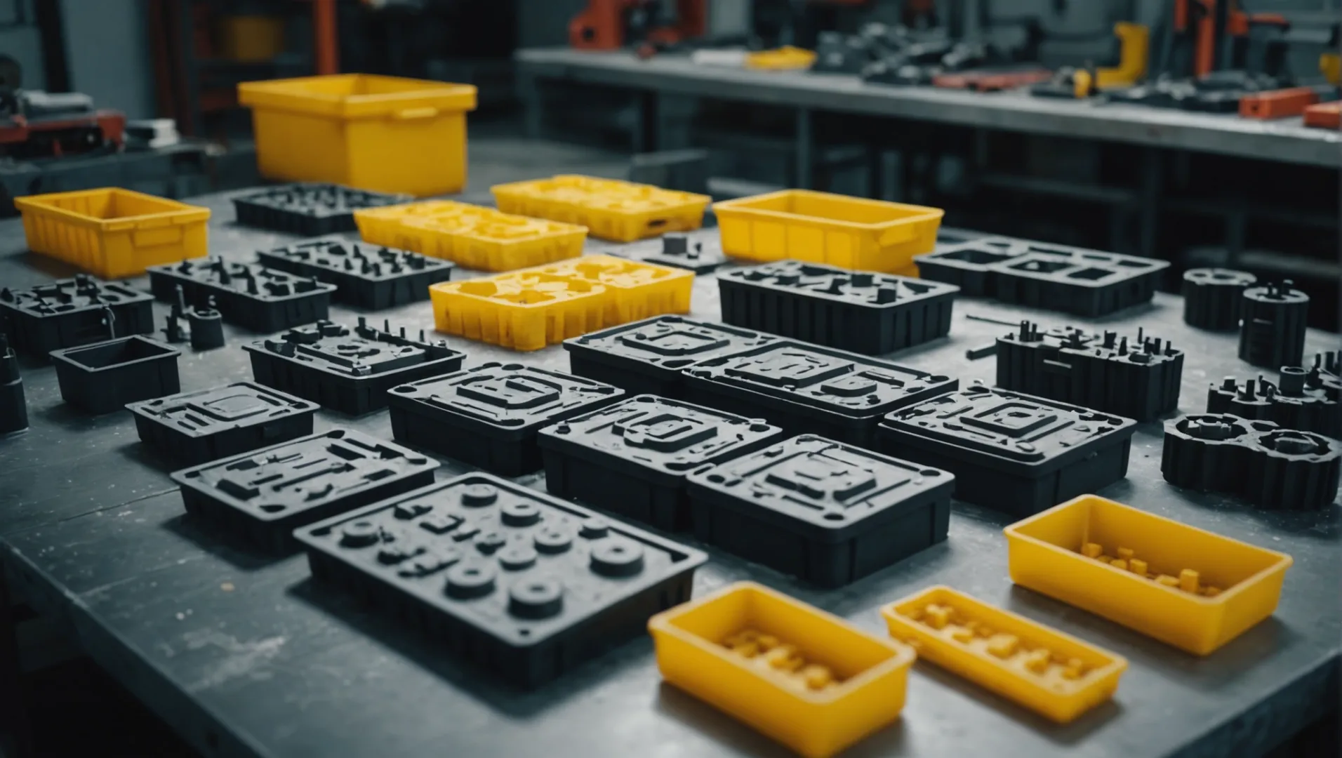 A close-up of ABS plastic molds of various sizes displayed on a workshop table.