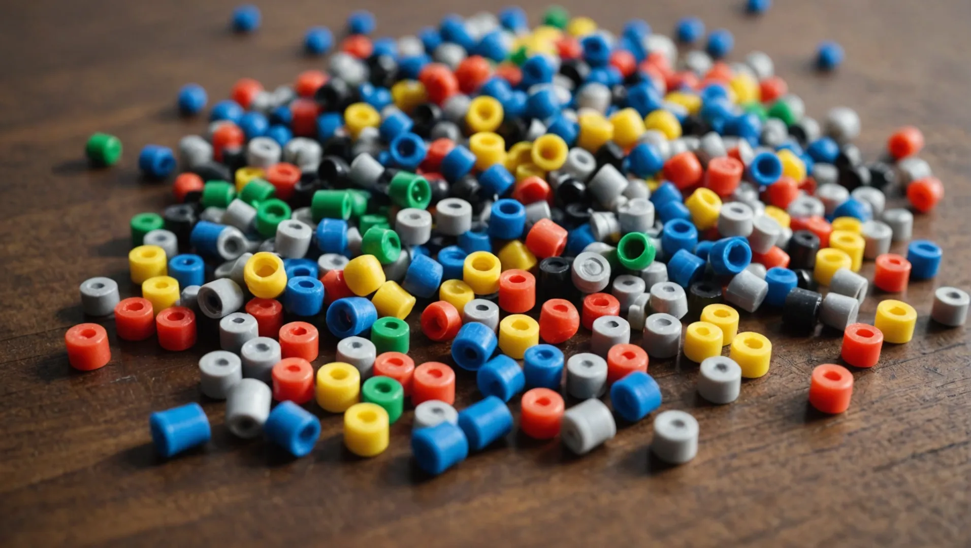 ABS, PP, and PVC pellets with injection molding machine in the background.