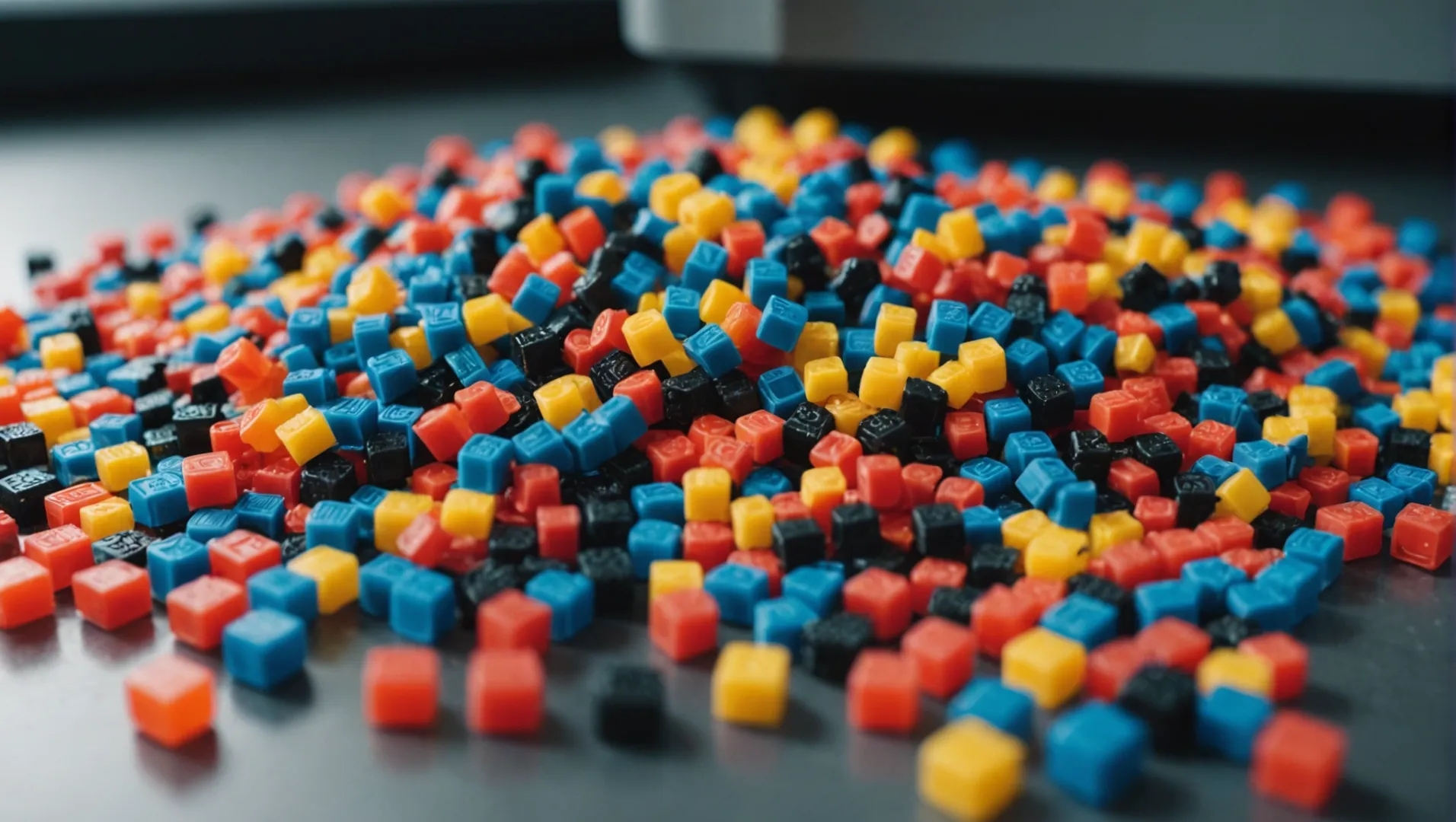 Close-up of ABS and PLA plastic granules with injection molding machine in background