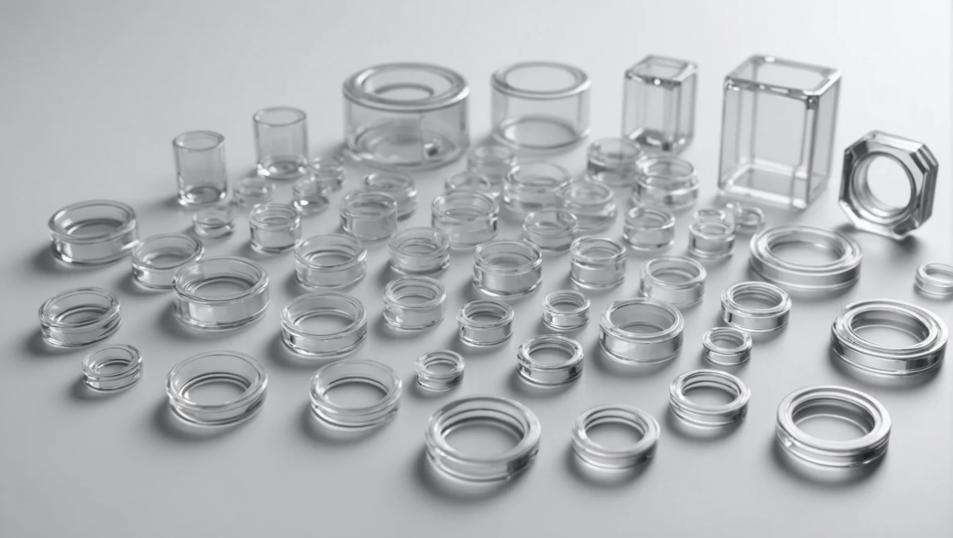 Close-up of clear molded plastic parts with additives enhancing their transparency