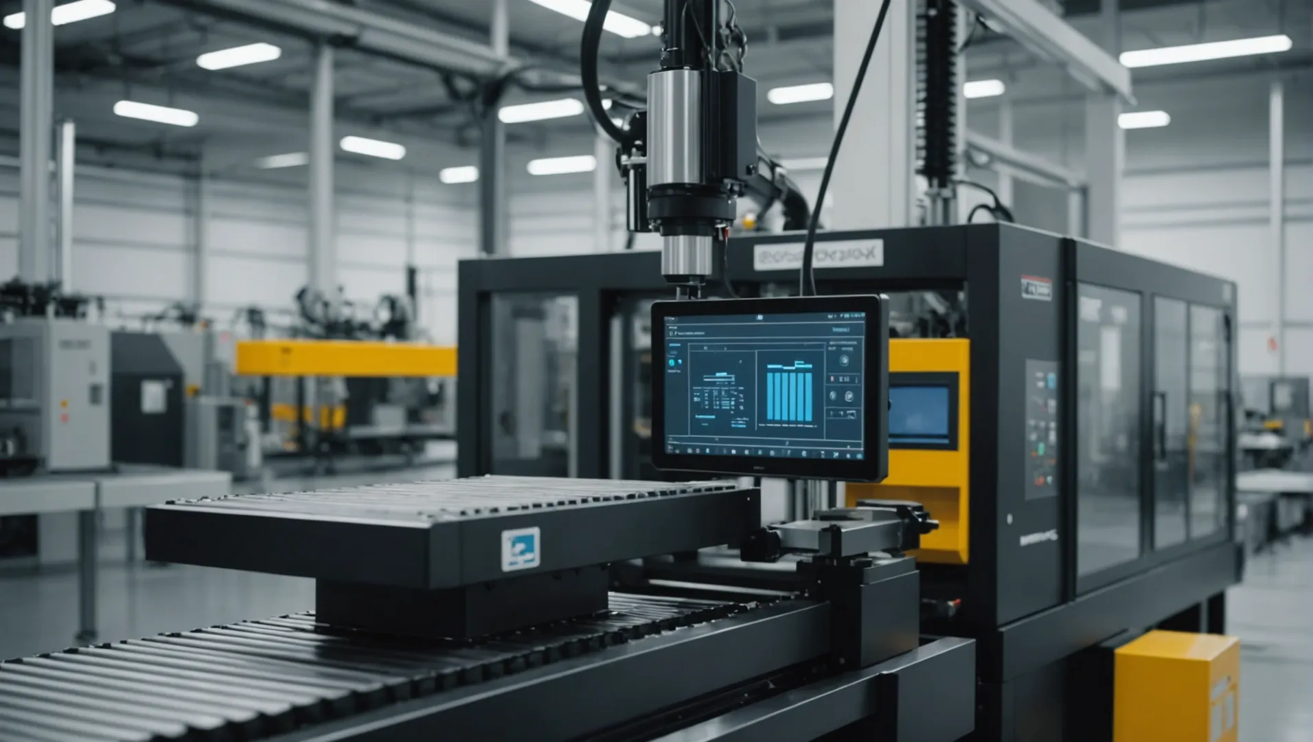 A high-tech injection molding machine with AI interface