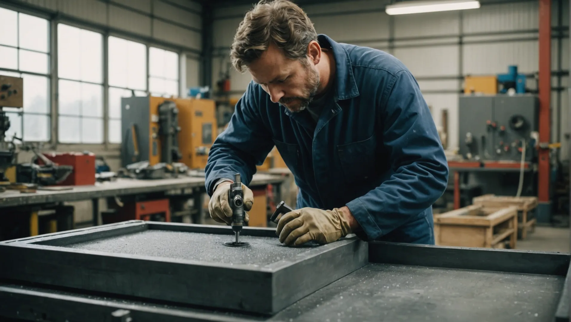 Technician applying insulating material to a mold in a workshop