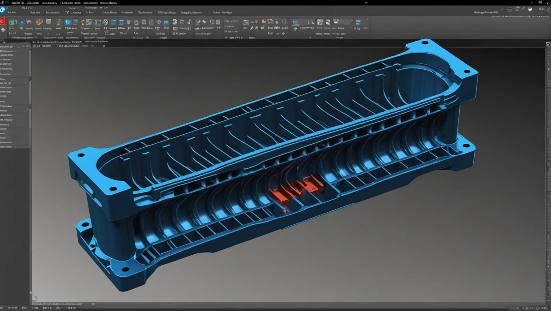 Detailed CAD image of an automotive plastic part with uniform wall thickness and strategic rib placement