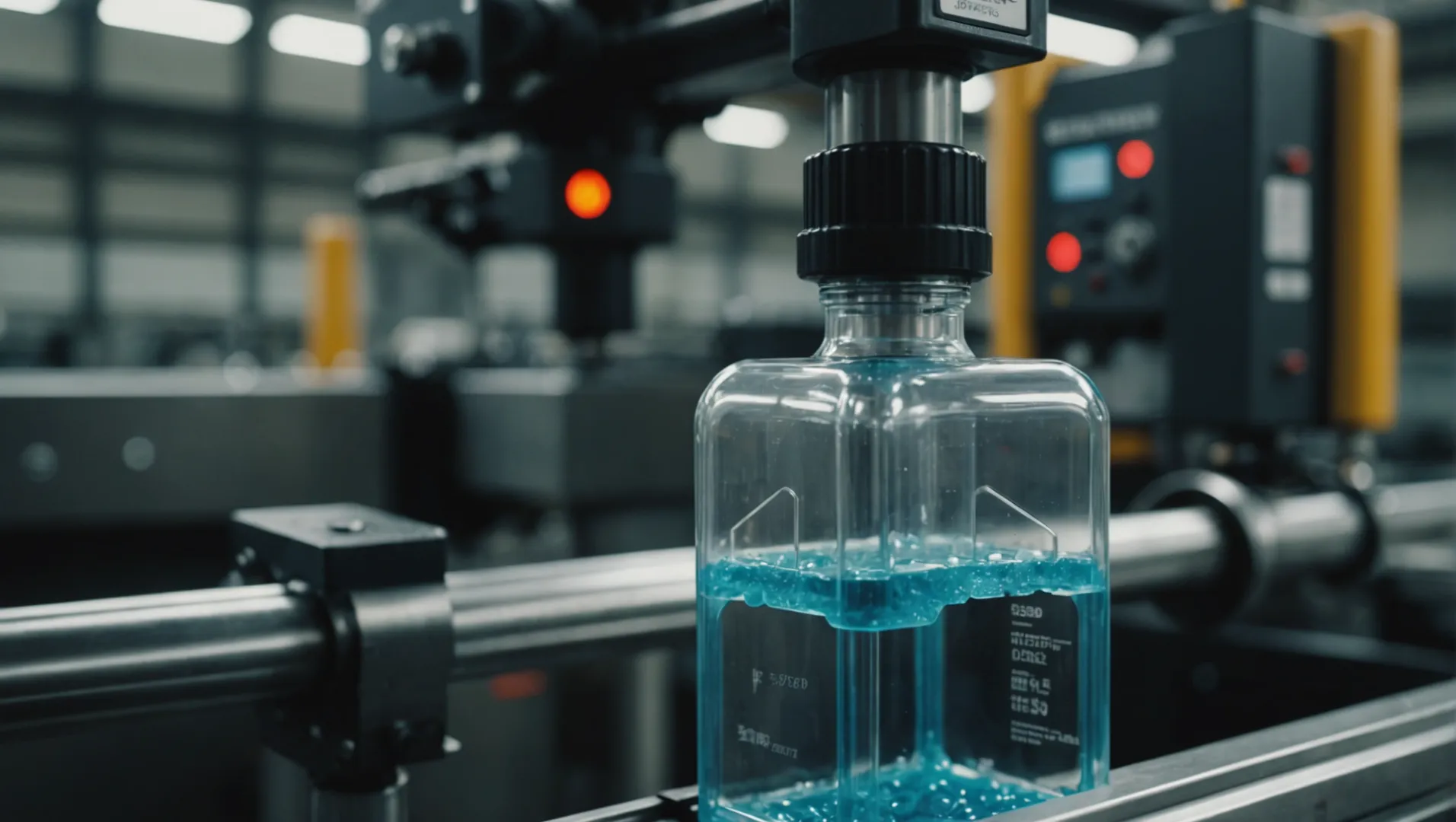 Blow molding machine forming a plastic bottle