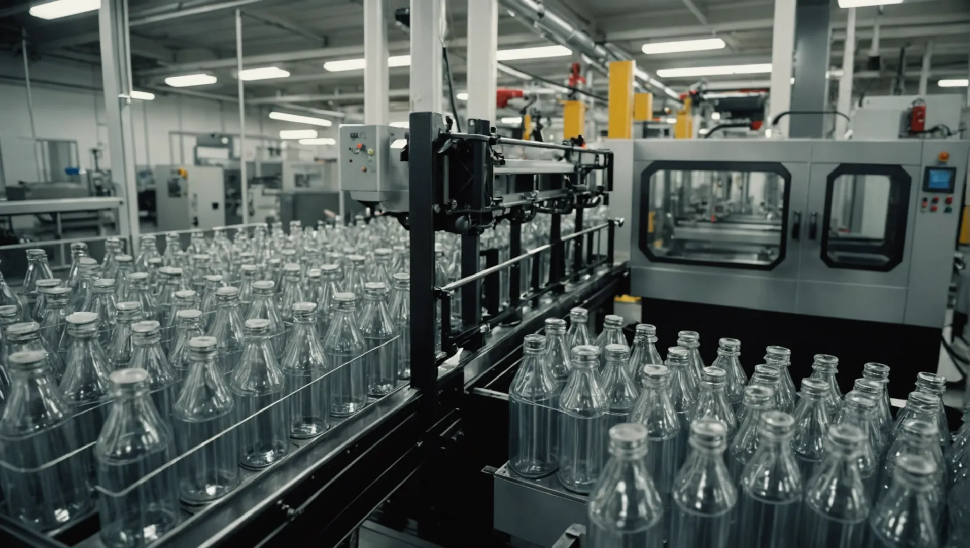 Industrial blow molding machine creating plastic bottles