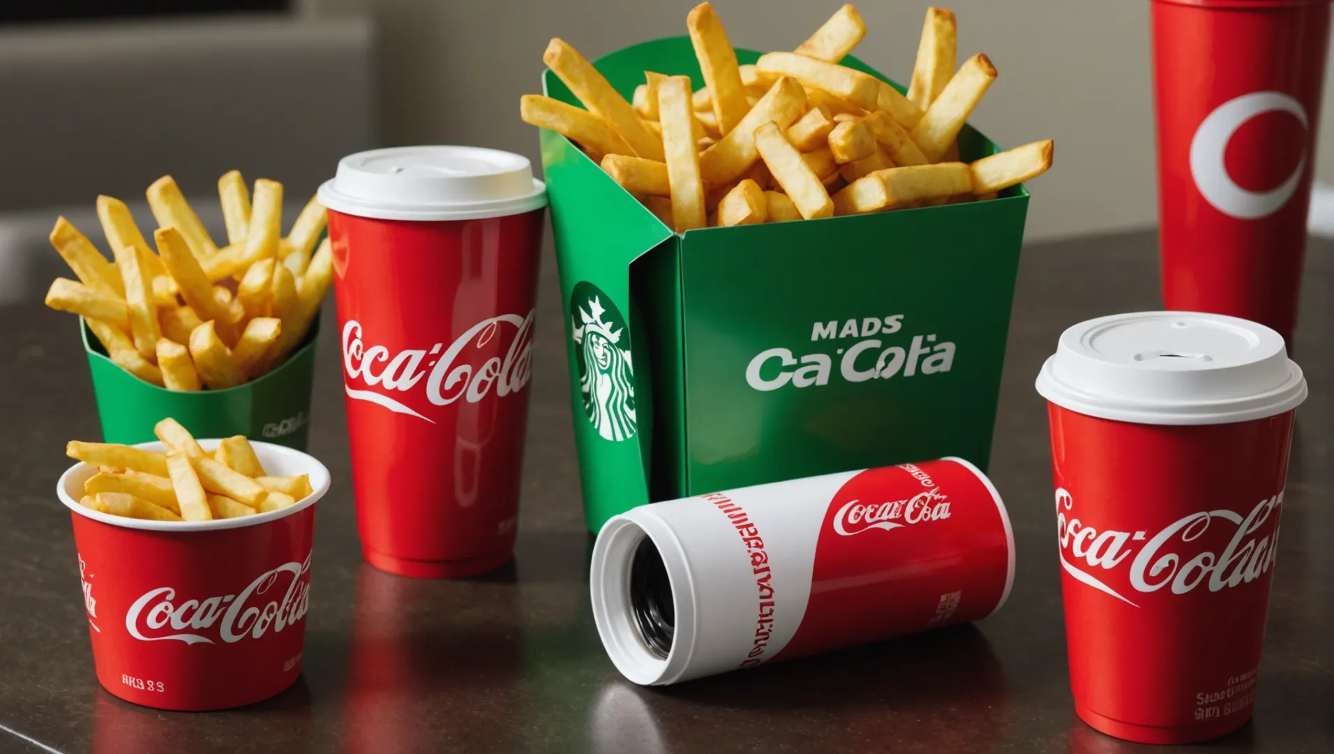 A collection of branded items showcasing different colors like Coca-Cola red, Starbucks green, and McDonald's yellow.