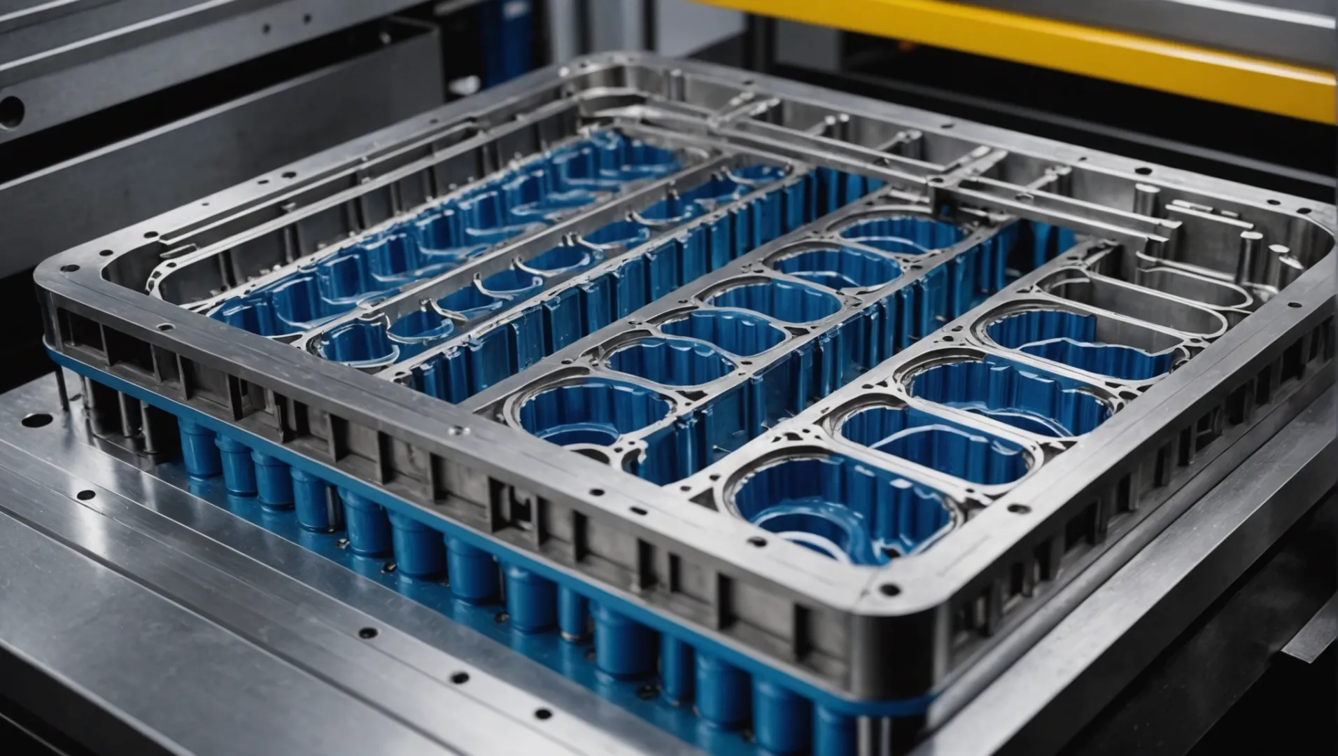 Injection mold with built-in cooling channels visible in cross-section