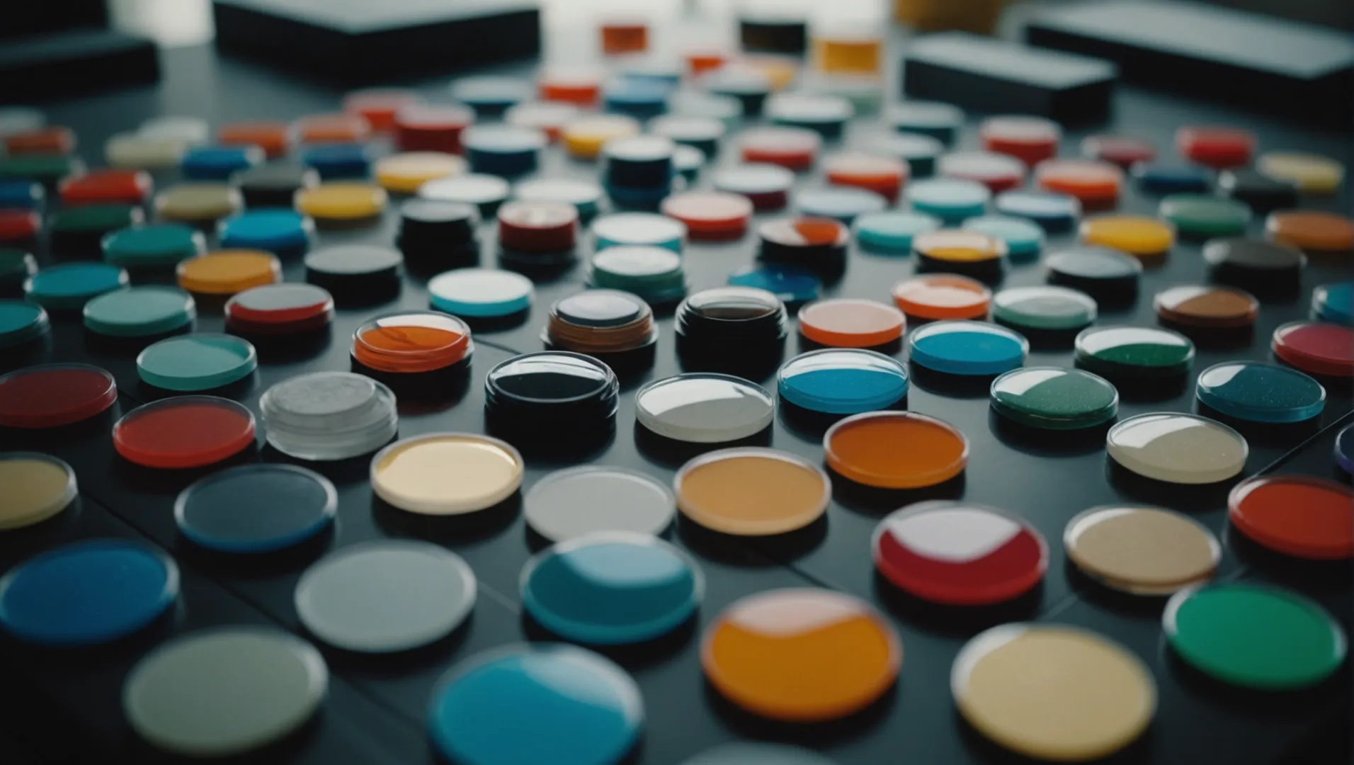 Variety of plastic samples with different colors and textures displayed on a design table.