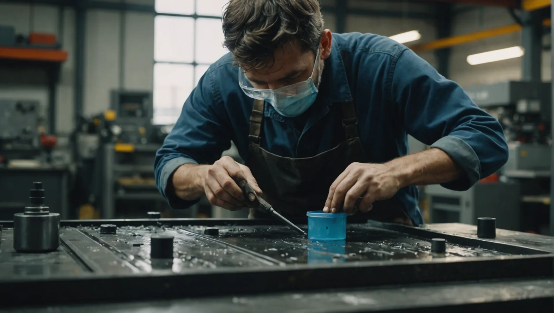 Technician cleaning oil stains from injection molding machine mold using solvent