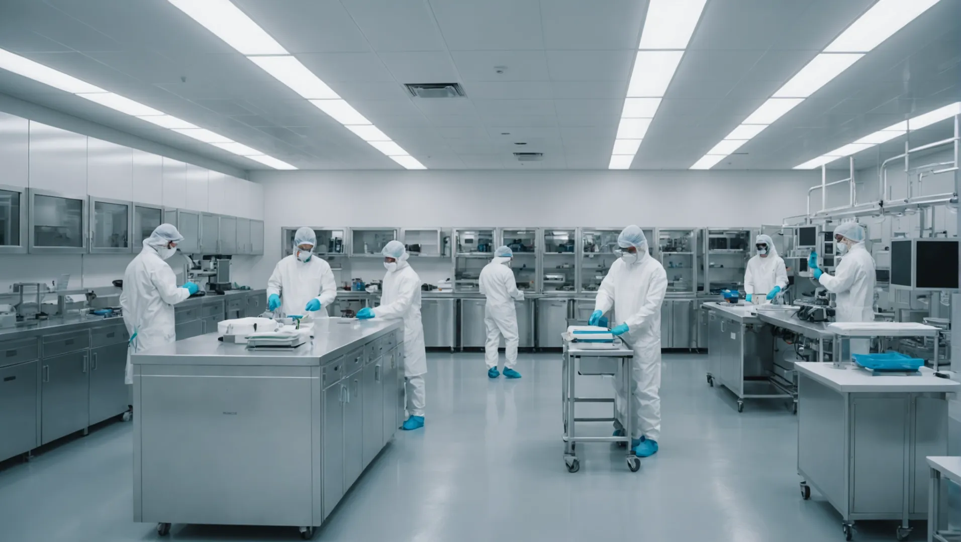 Cleanroom in a medical device manufacturing facility with workers in protective clothing.