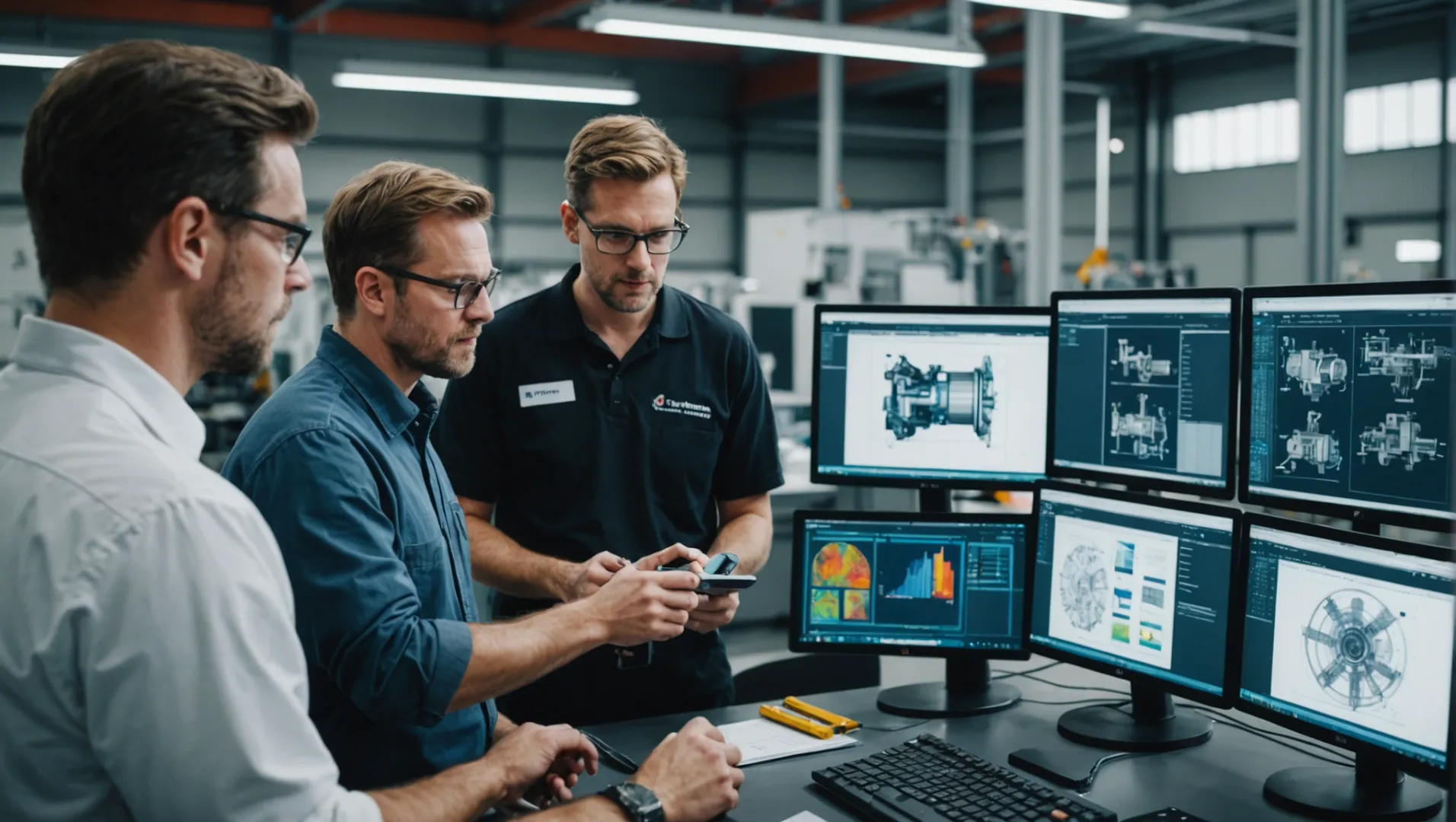 Industrial engineers discussing mold designs in a factory