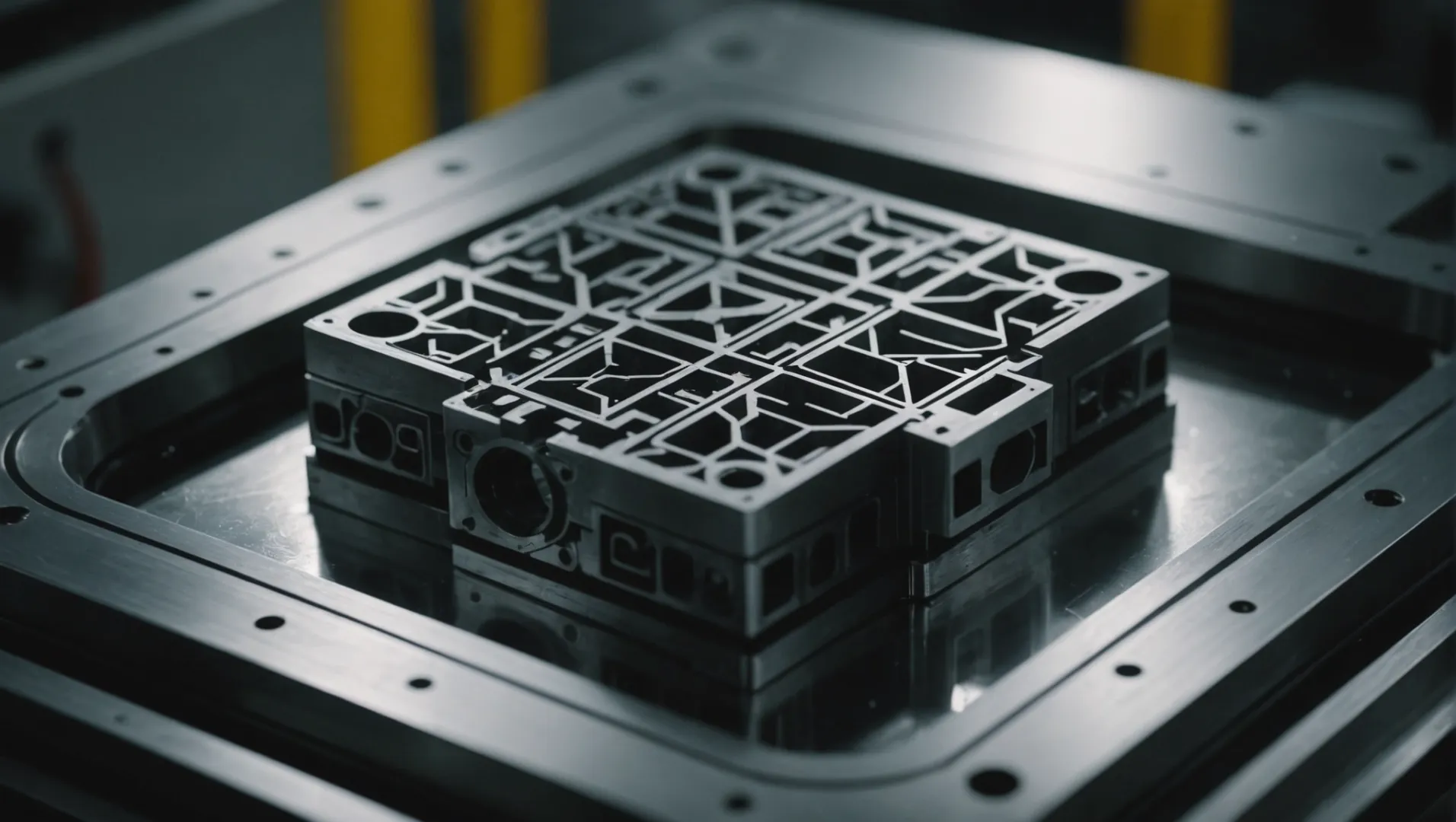 Detailed view of a complex injection mould design with intricate patterns and textures.