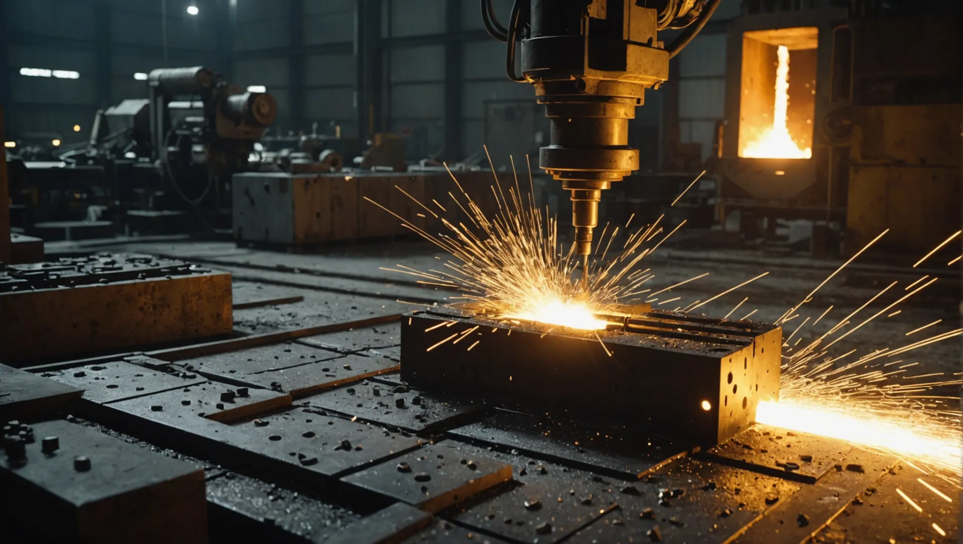 Close-up of a complex molded product being demolded using various mechanisms.