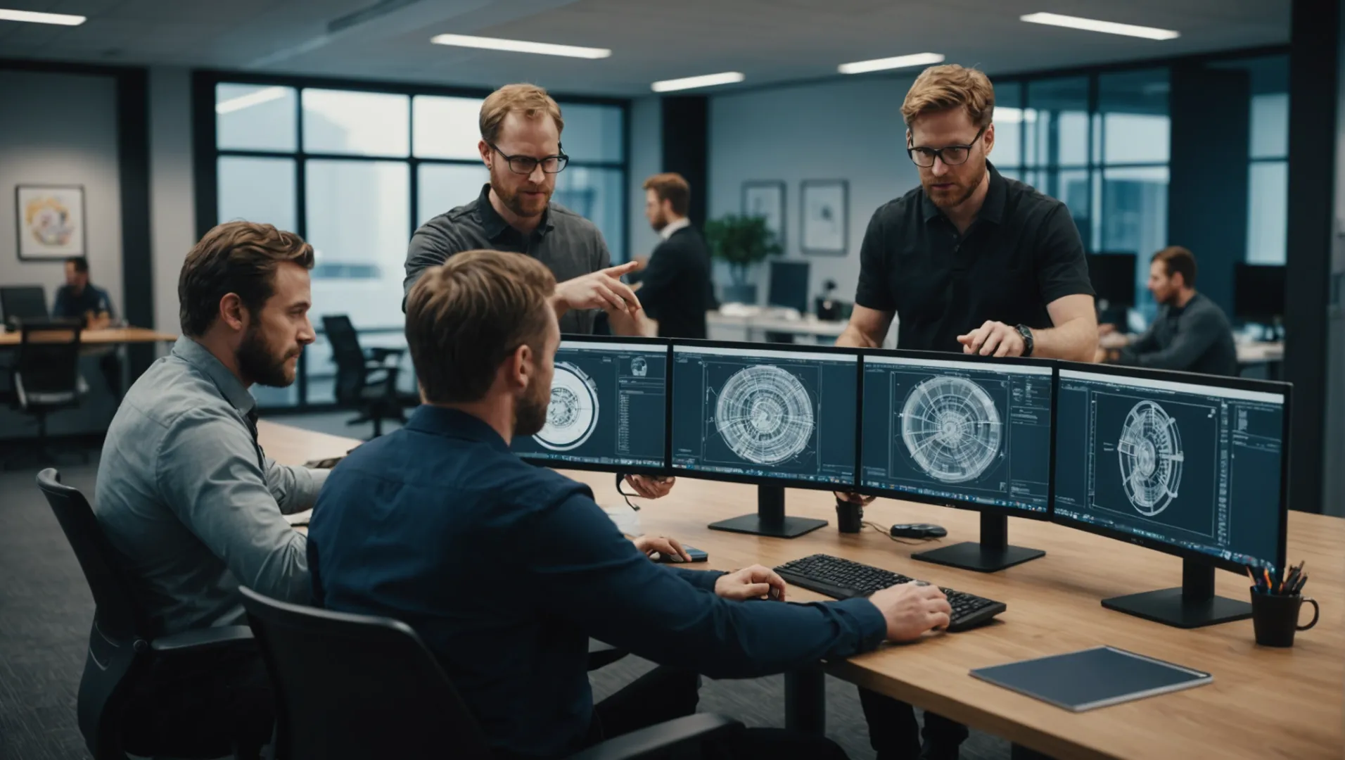 Engineers collaborating on a 3D mold design in a modern office