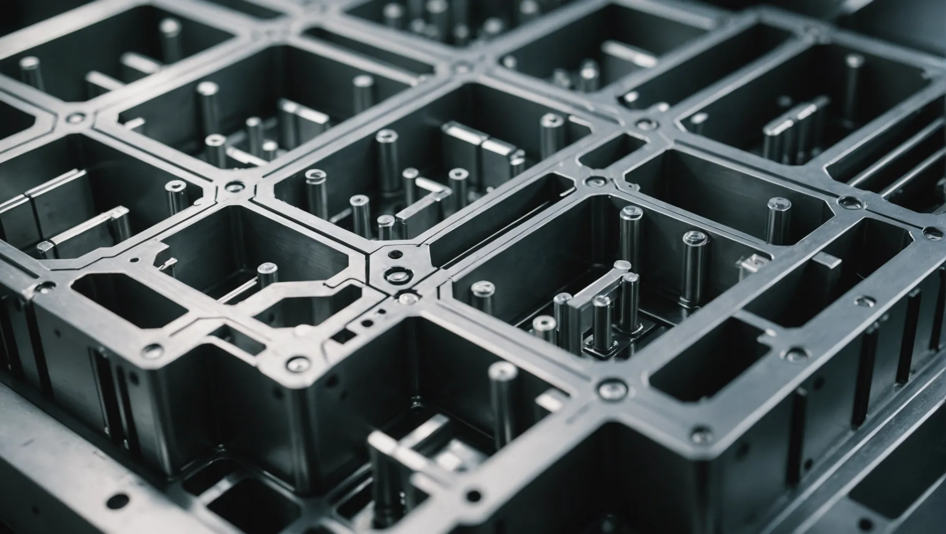 Close-up of an injection mold showing intricate cooling channels