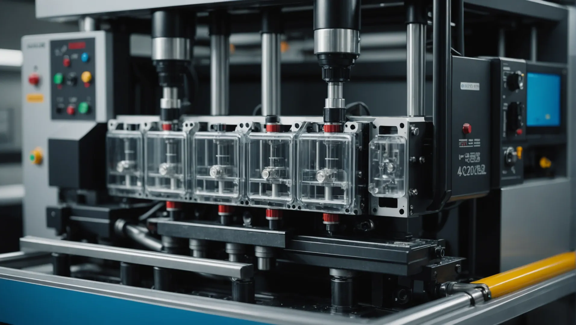 An industrial injection molding machine with cooling channels visible, surrounded by diagrams showing water, oil, and air cooling systems.