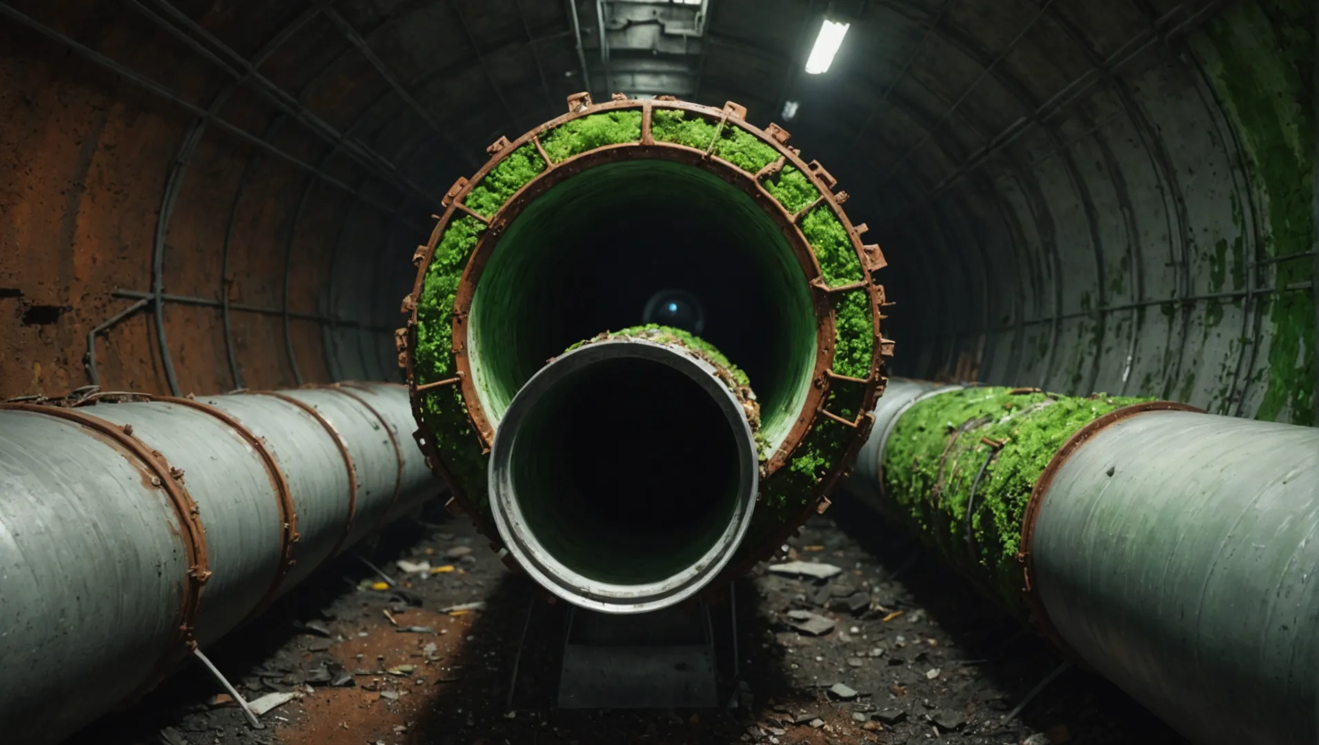 Close-up of a cooling pipe interior showing mineral scale, debris, and biological growth