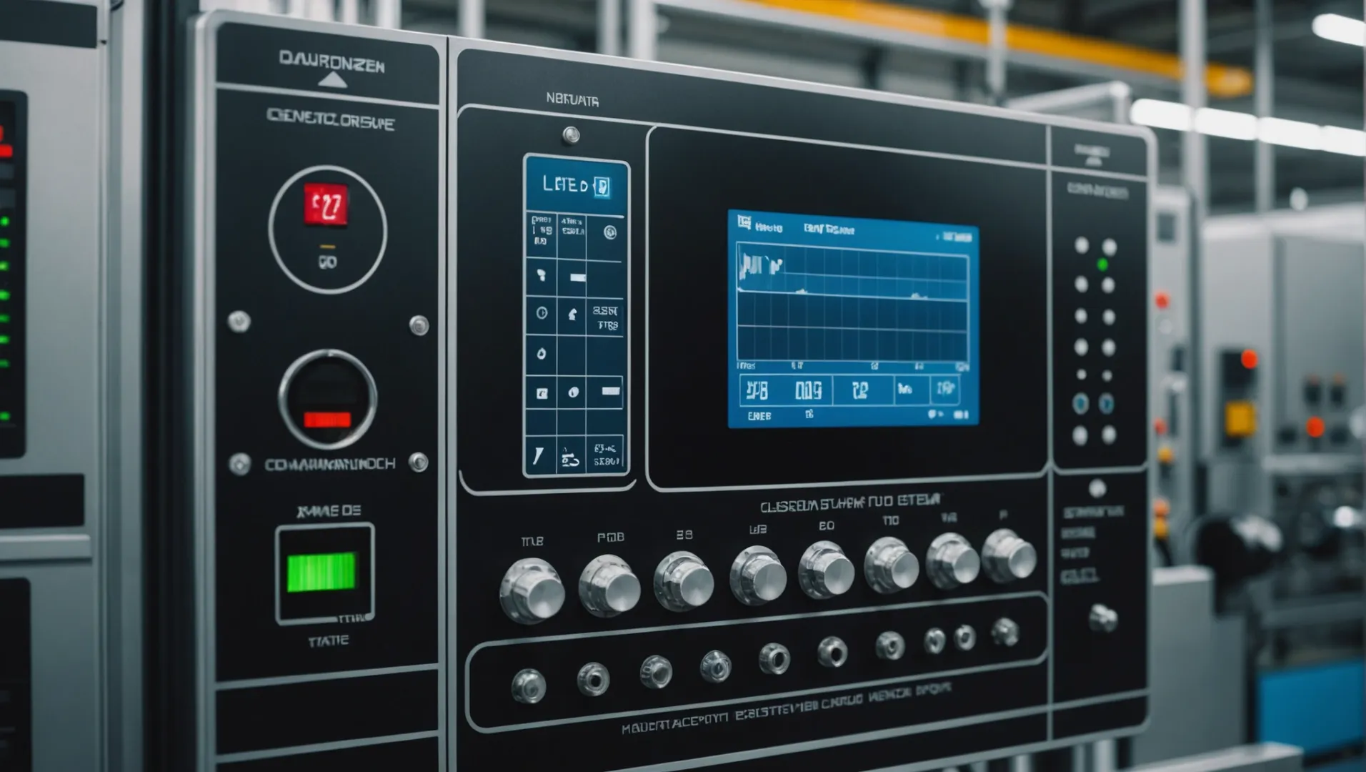 Cooling system control panel in a manufacturing plant with digital screens and sensors.