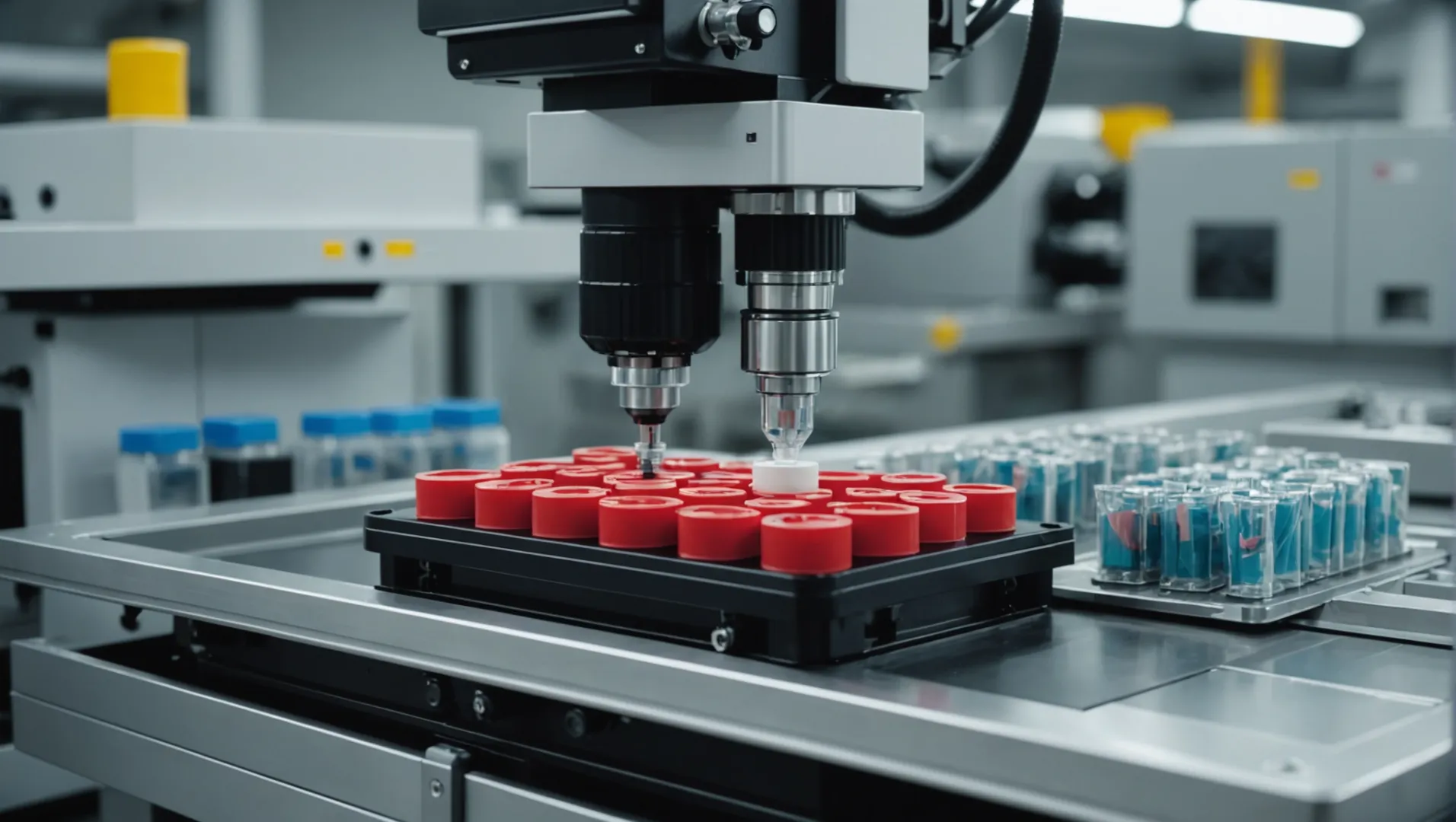 Cosmetic packaging components displayed beside an injection molding machine.