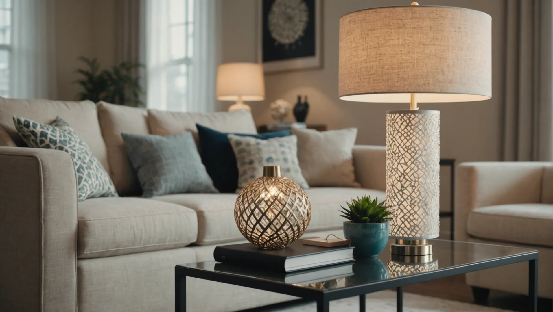 A modern living room featuring customized household items like a bespoke lamp and decorative ornaments.