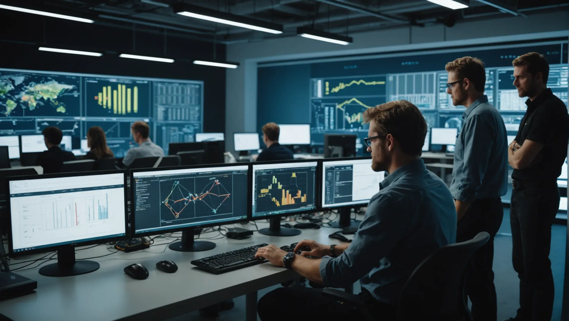 Engineers analyzing simulation data on computers in a design lab.