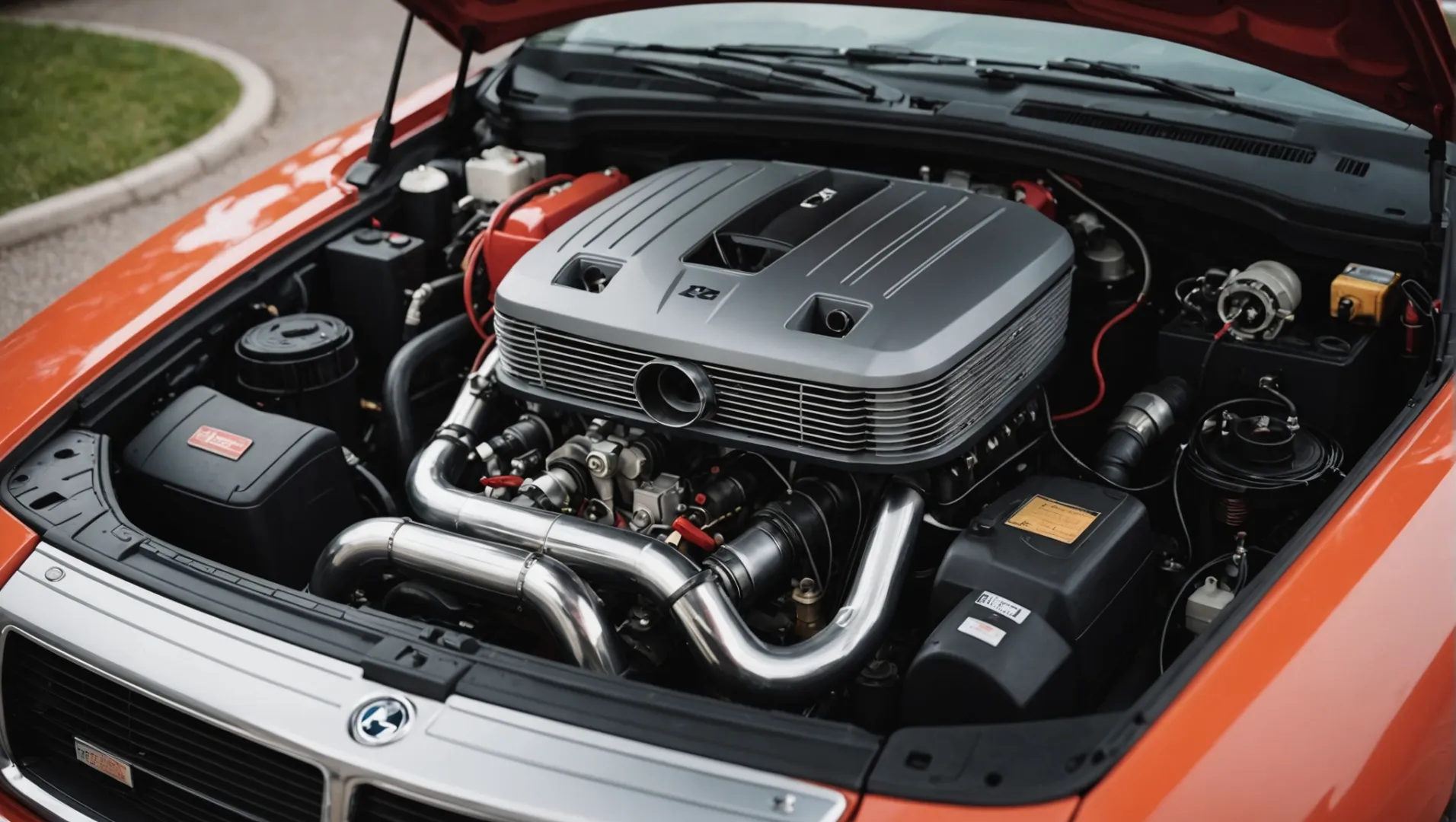 Detailed view of a car engine compartment featuring a dog house structure.