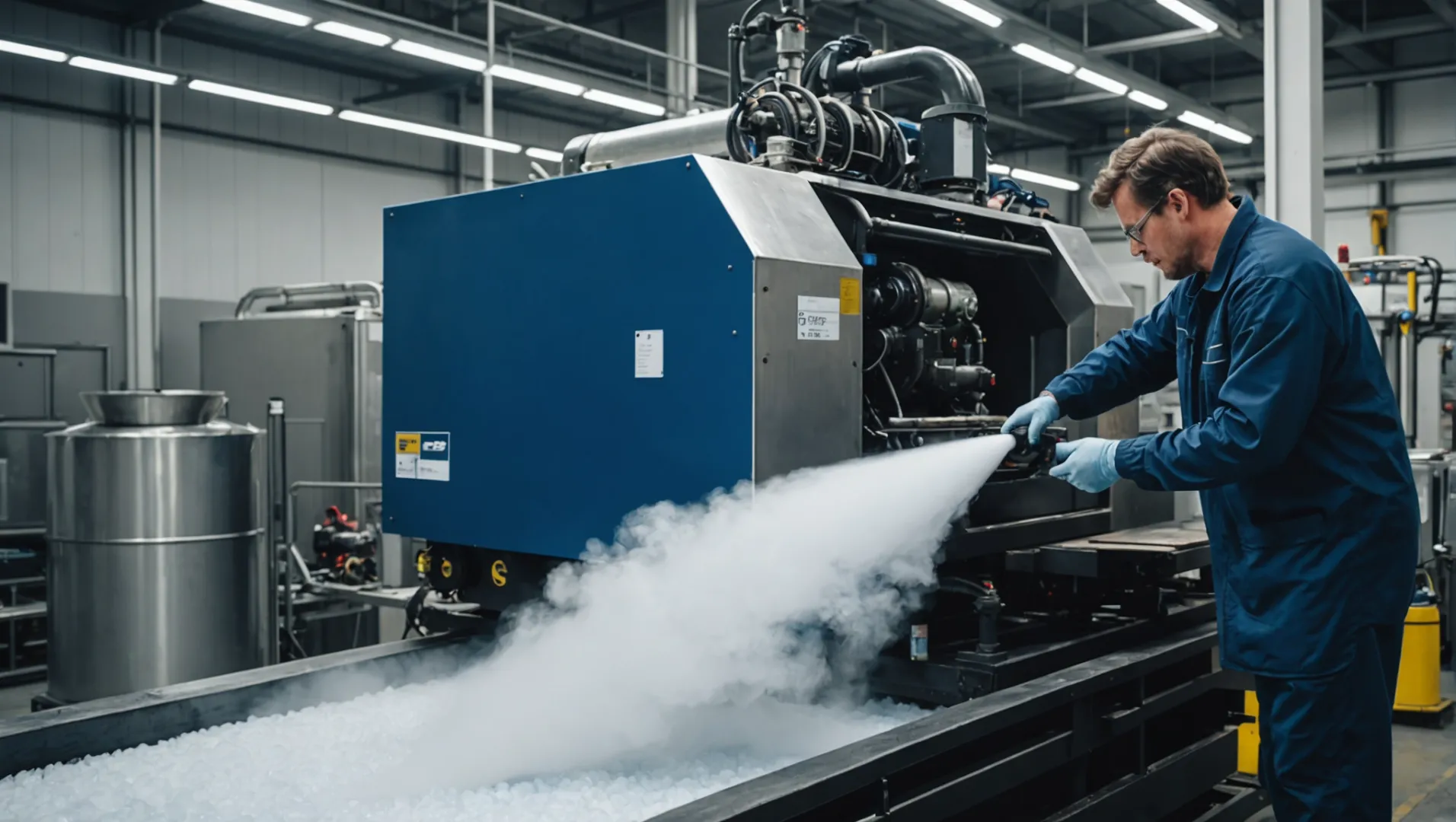 Technician using dry ice cleaning on industrial equipment