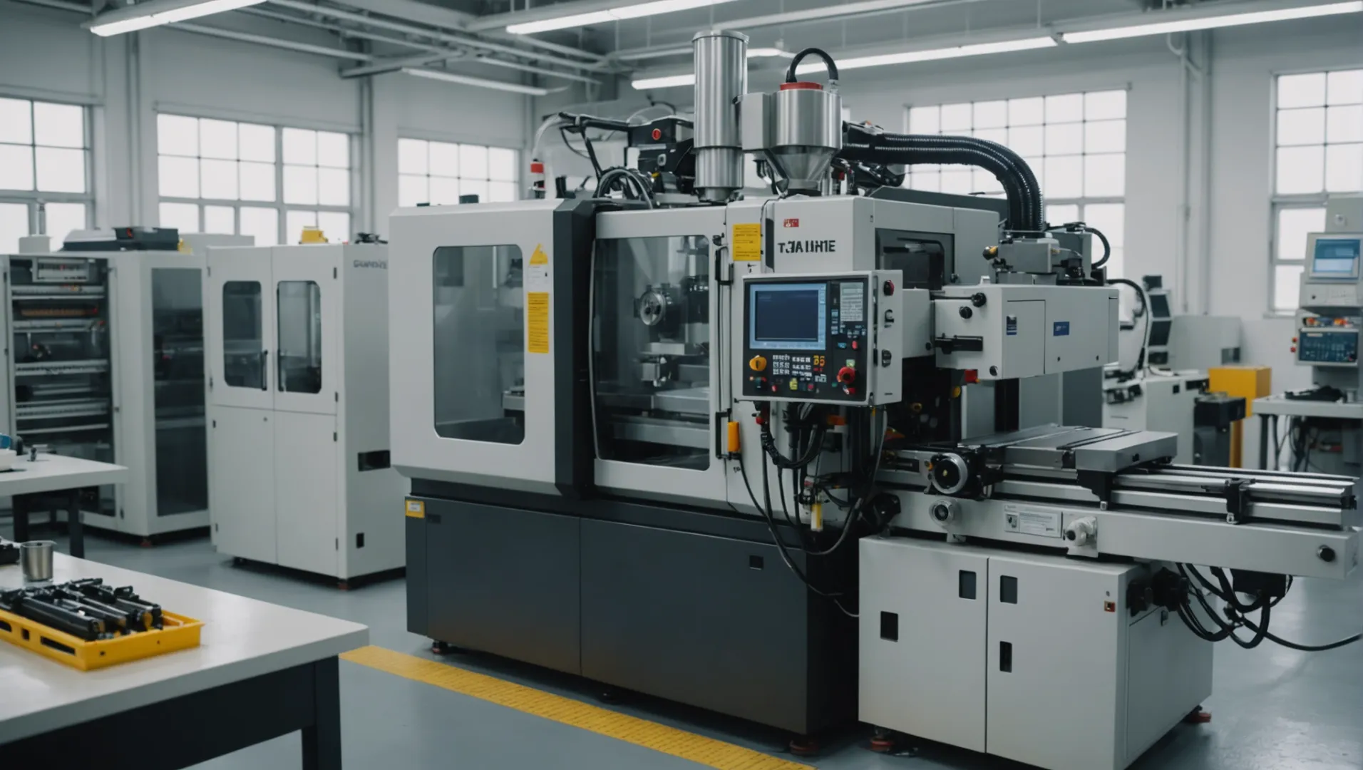 Injection molding machine in a controlled environment with temperature and humidity gauges