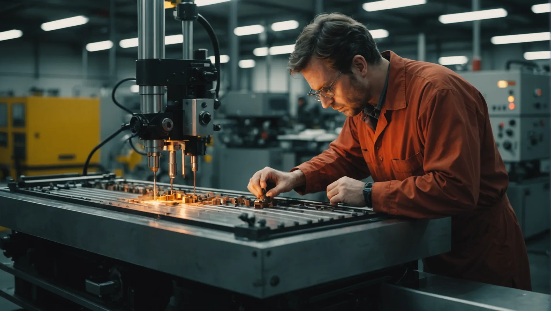 A technician performing maintenance on a dual-cavity mold machine in a factory setting.