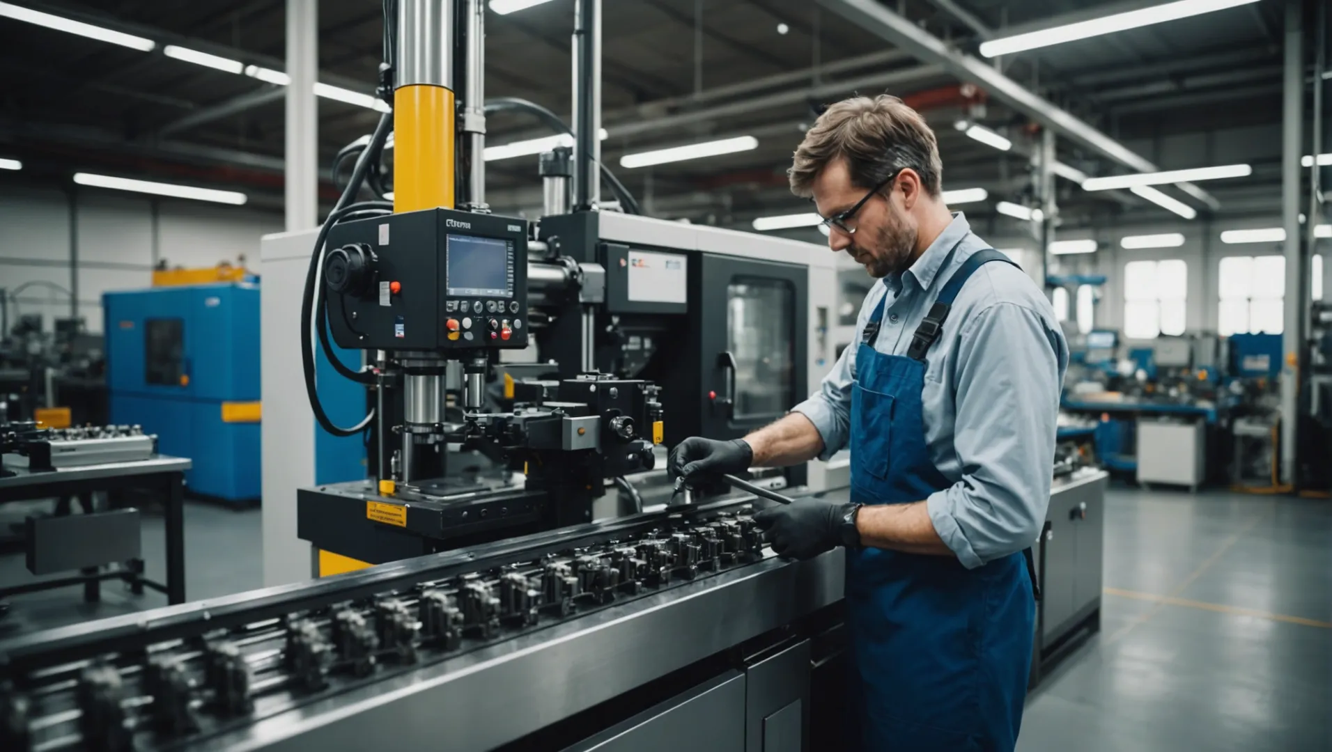 Technician performing maintenance on injection molding machine