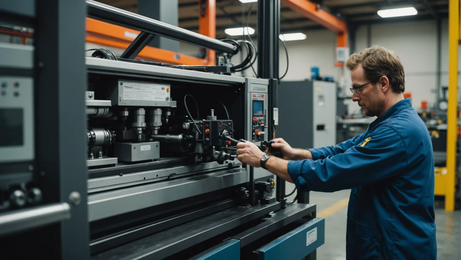 Technician performing maintenance on an injection molding machine