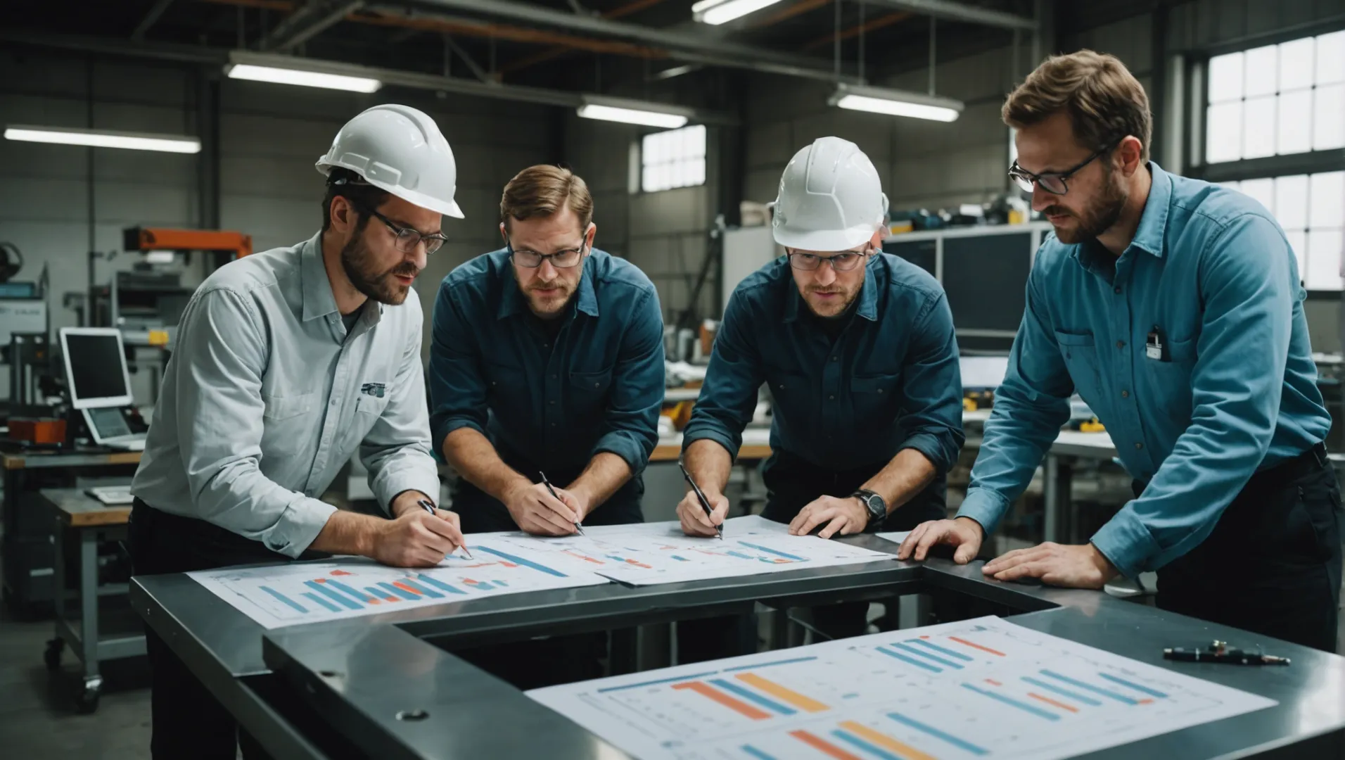 A team of engineers discussing budgeting strategies with charts and molds on a table.