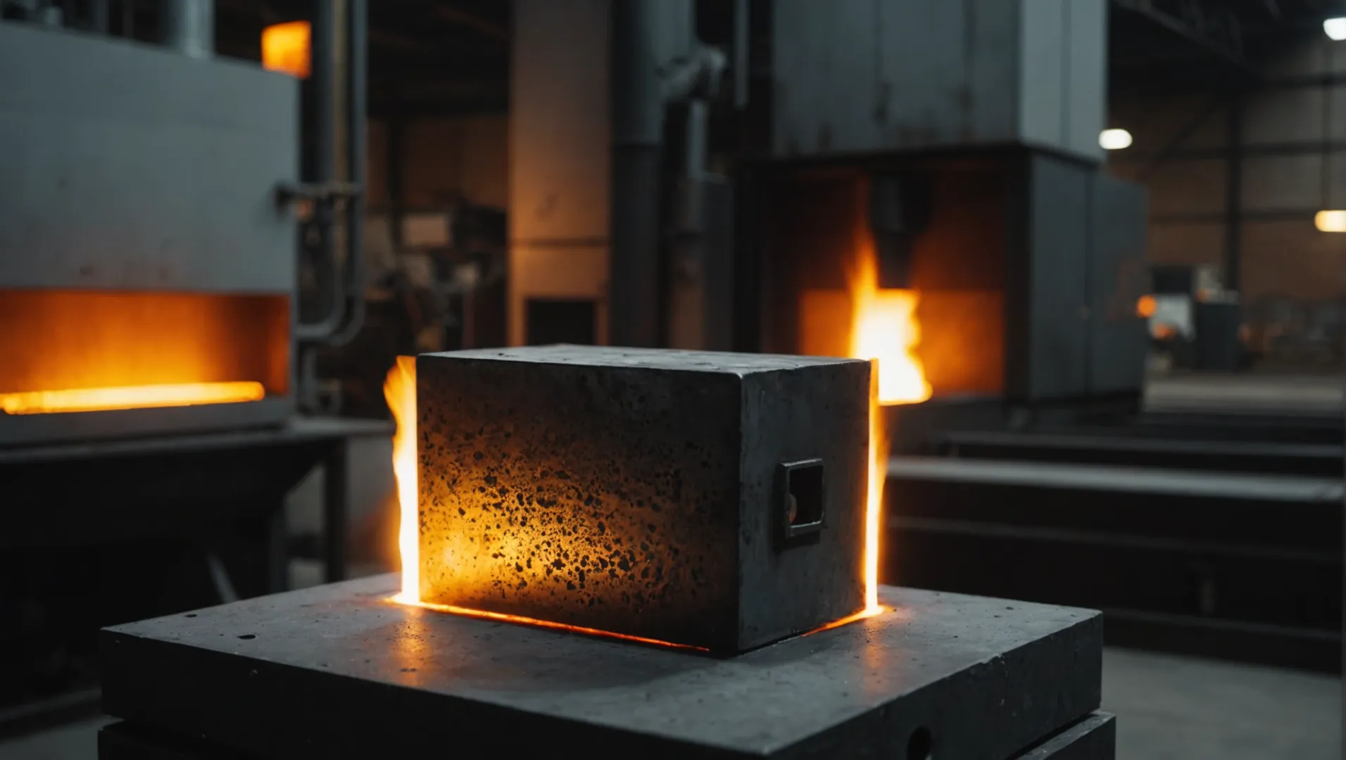 Close-up of heat treatment process on mold steel in a workshop.