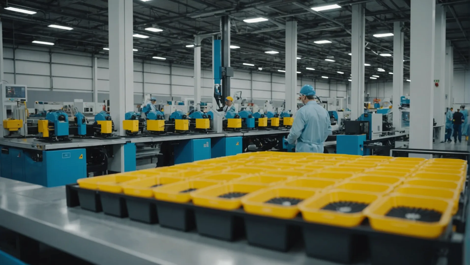 Plastic fans on a production line with injection molding machines