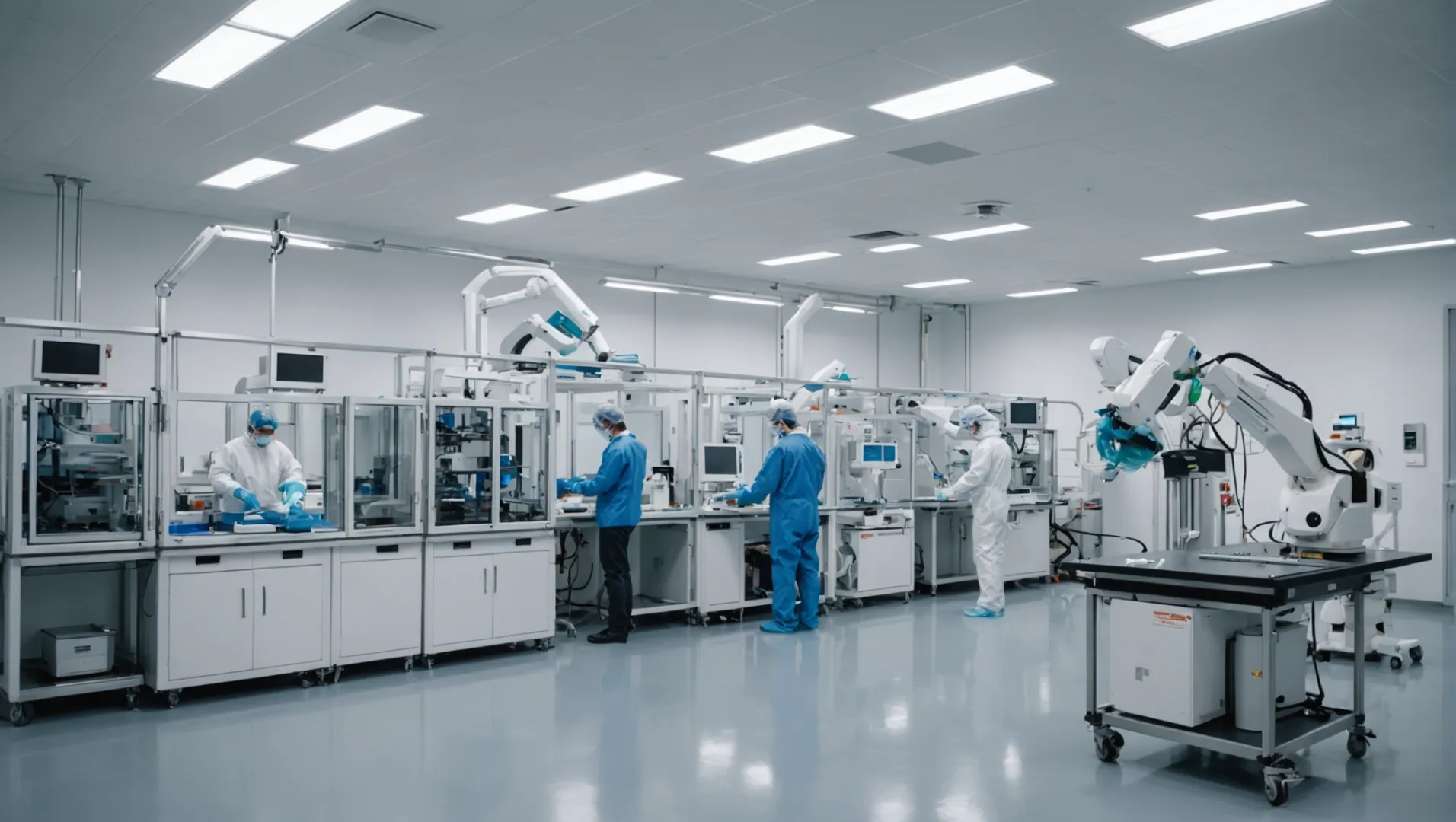 Sterile medical injection molding setup with robotic arms and cleanroom environment