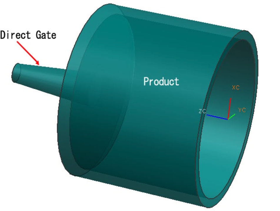 Close-up view of a plastic part with a direct gate in an injection molding machine.