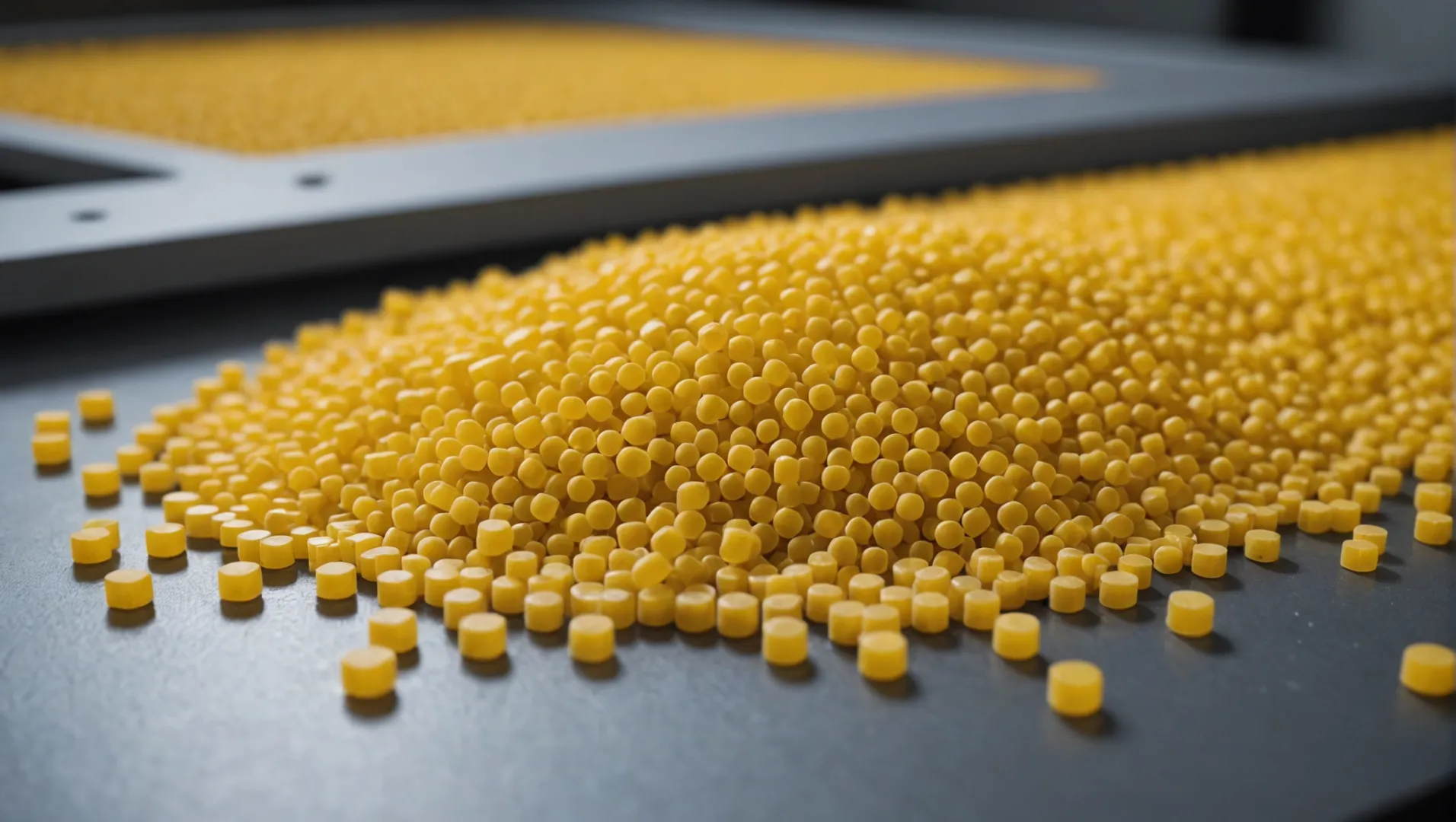 Close-up of polycarbonate and ABS resin granules with injection molding machine in background