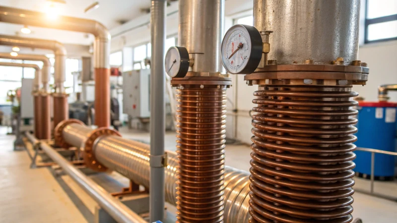 Close-up of industrial heating coils with machinery in the background