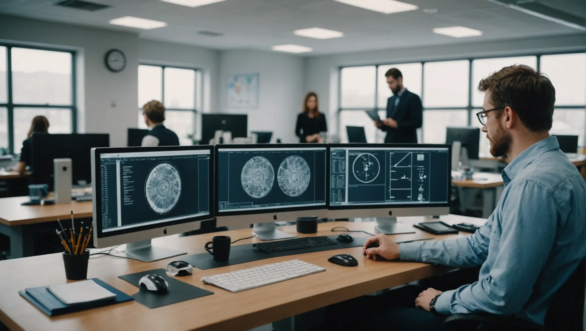 Engineers analyzing mold design on a computer screen with technical drawings.