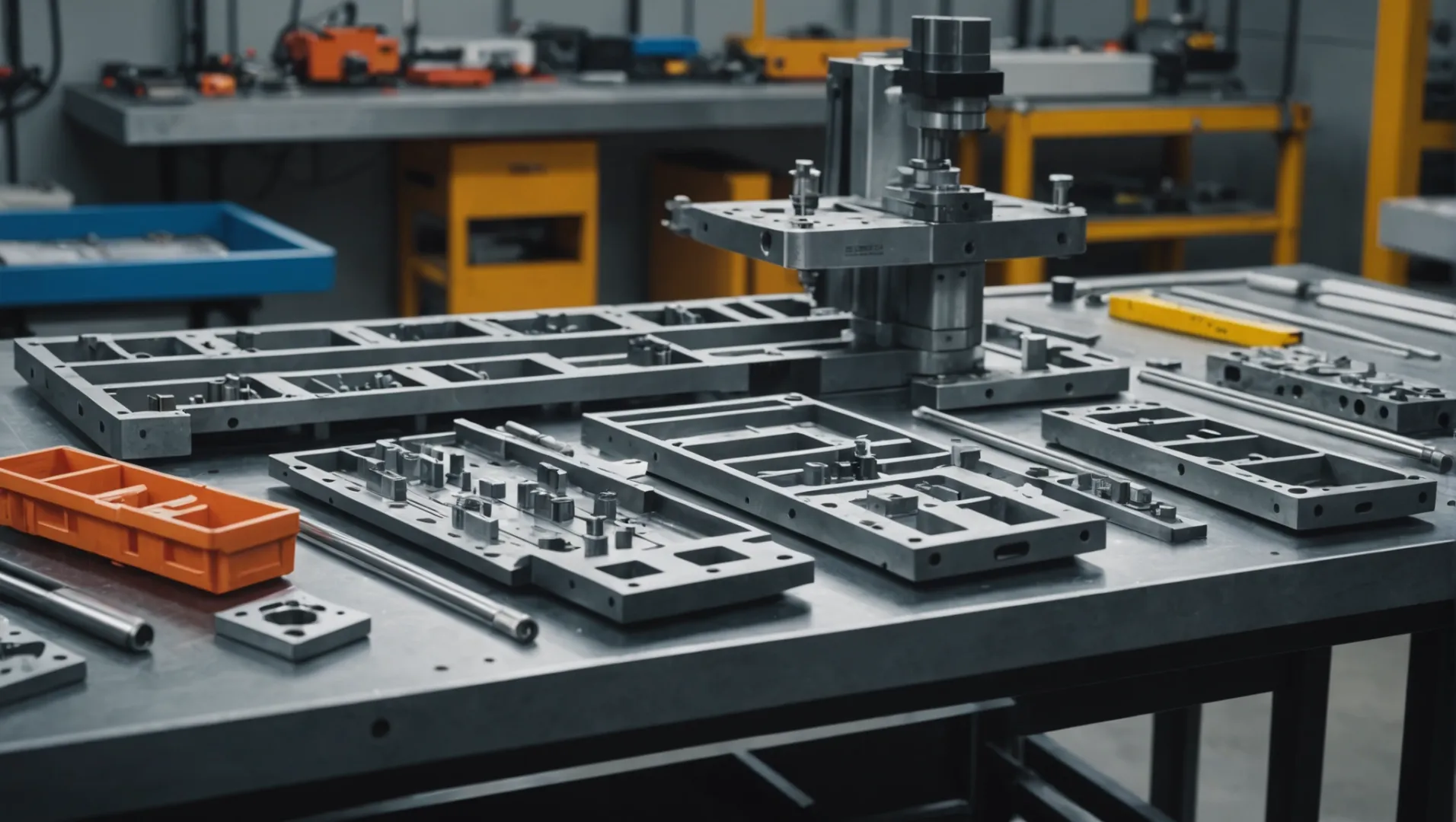 A detailed injection mold displayed with various parts and materials around it, illustrating cost factors.