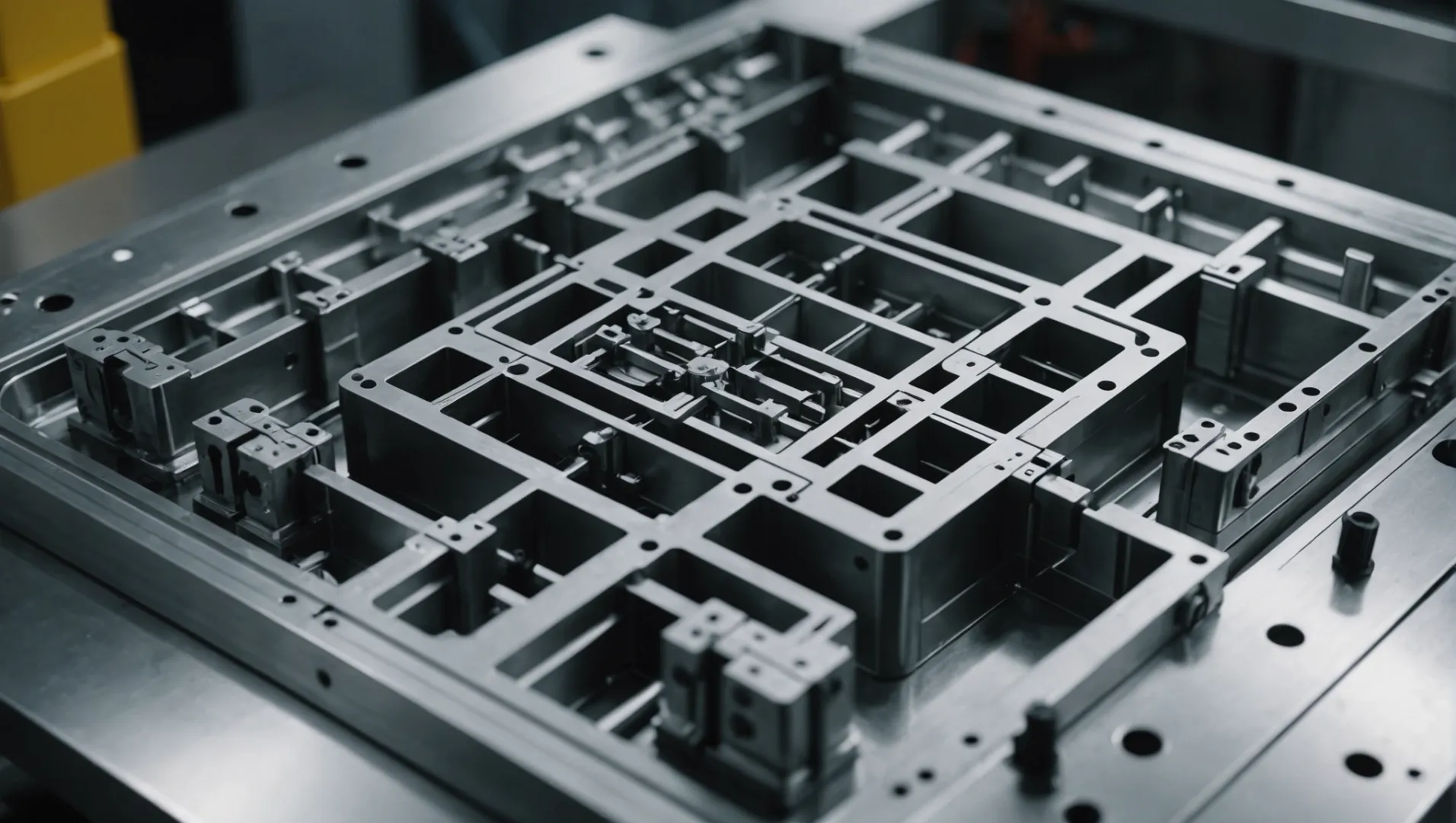 An intricate mold design for injection molding showcasing gate placement, cooling channels, and part geometry