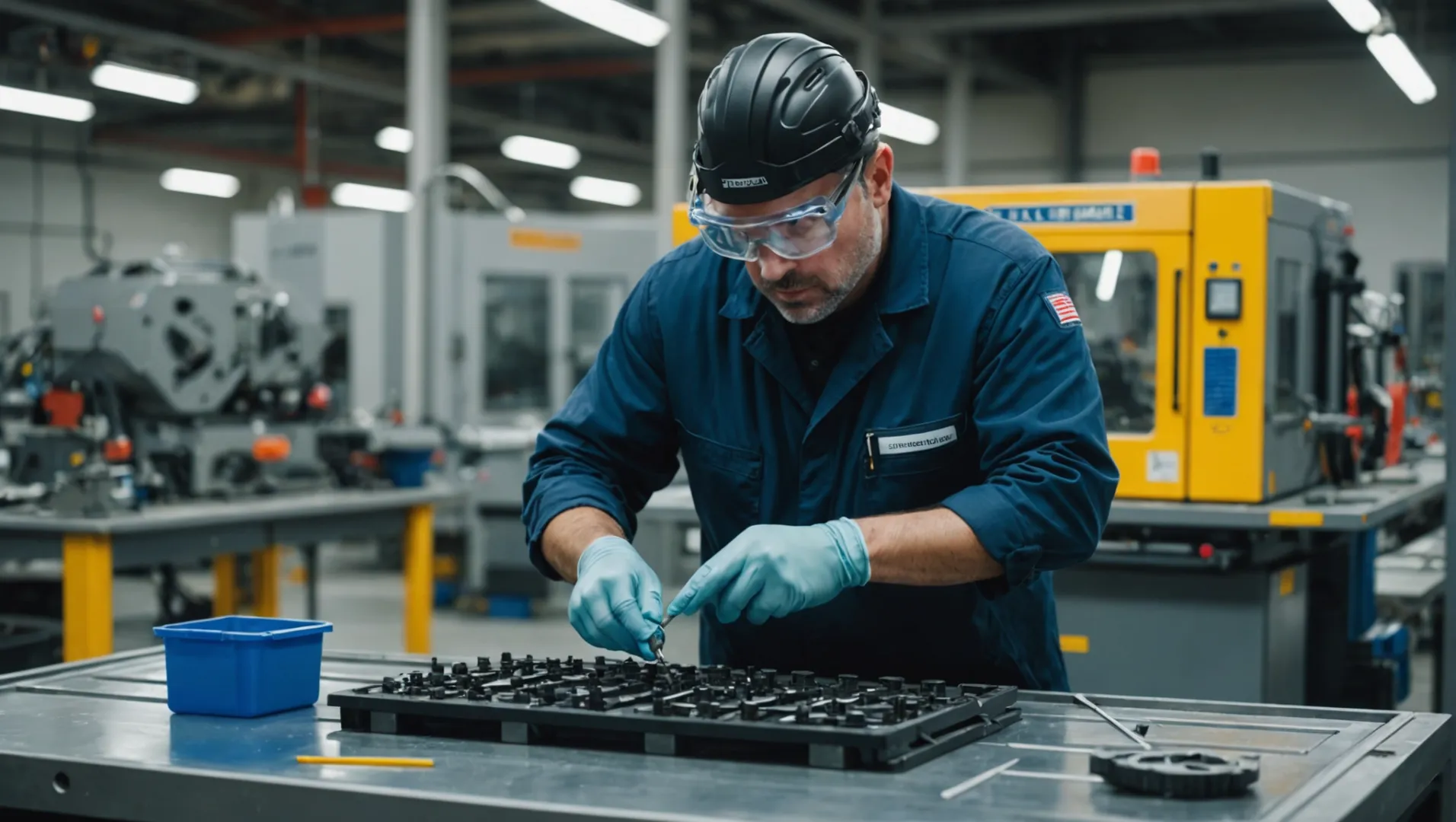 Technician inspecting an injection mold in a factory setting