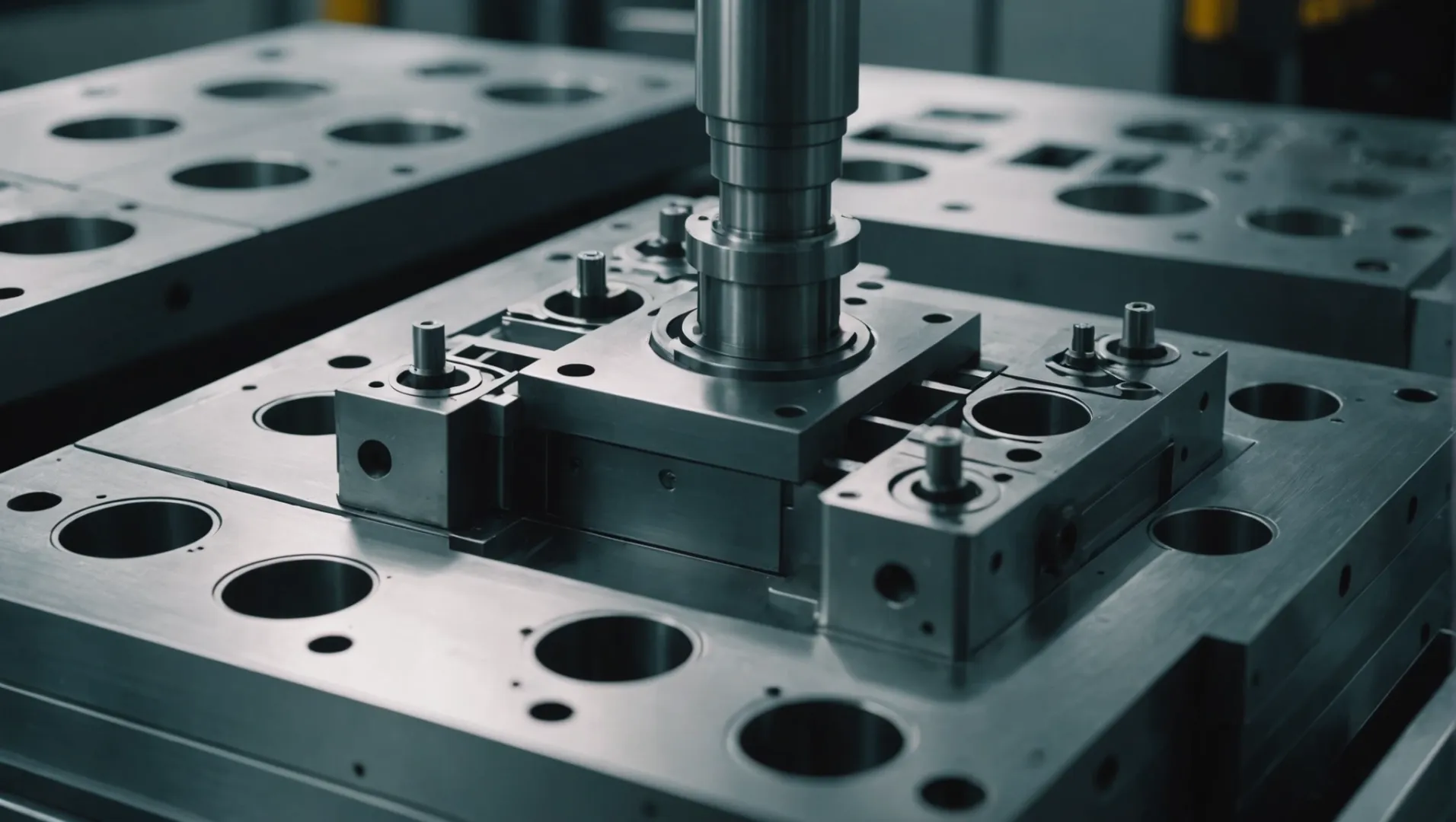 An industrial injection mold in a manufacturing setting, showcasing its intricate design and robust materials.