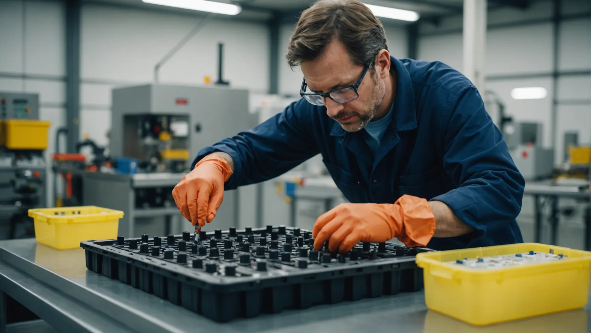 Technician inspecting and cleaning an injection mold with tools