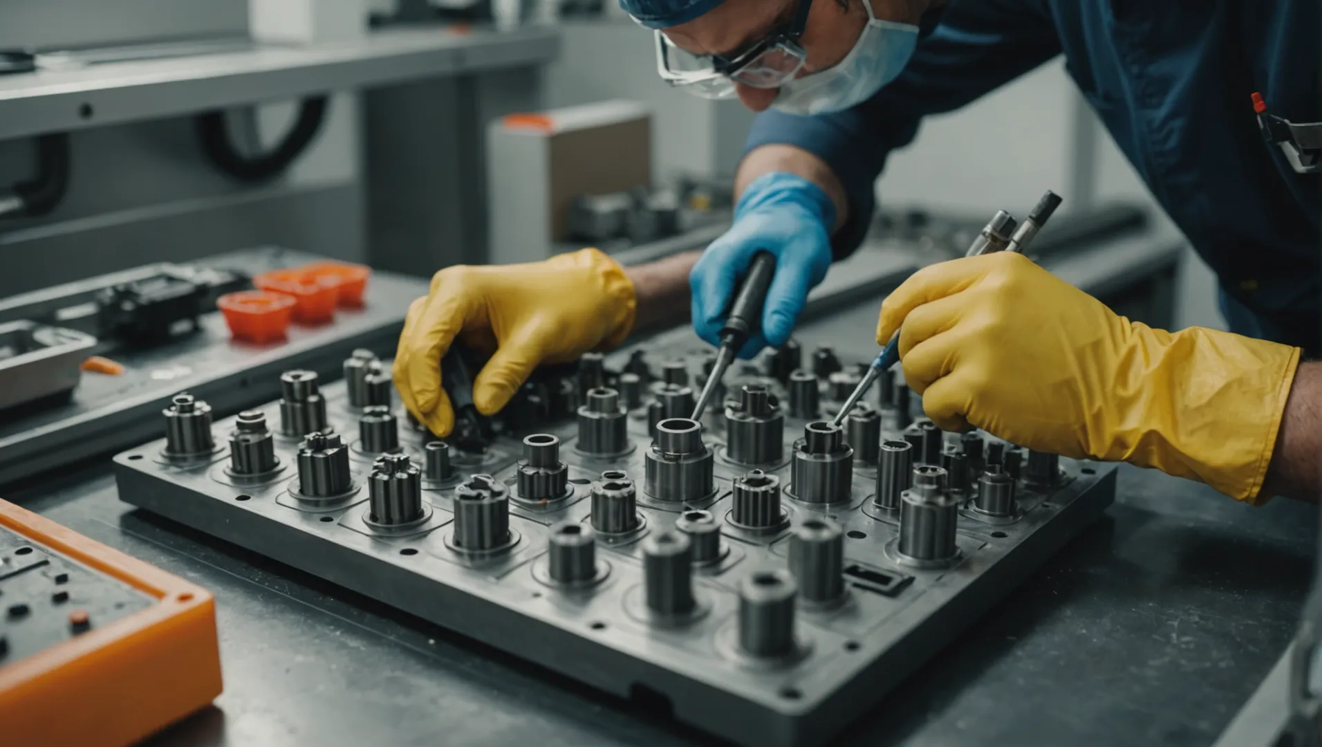 Technician performing maintenance on an injection mold with precision tools.